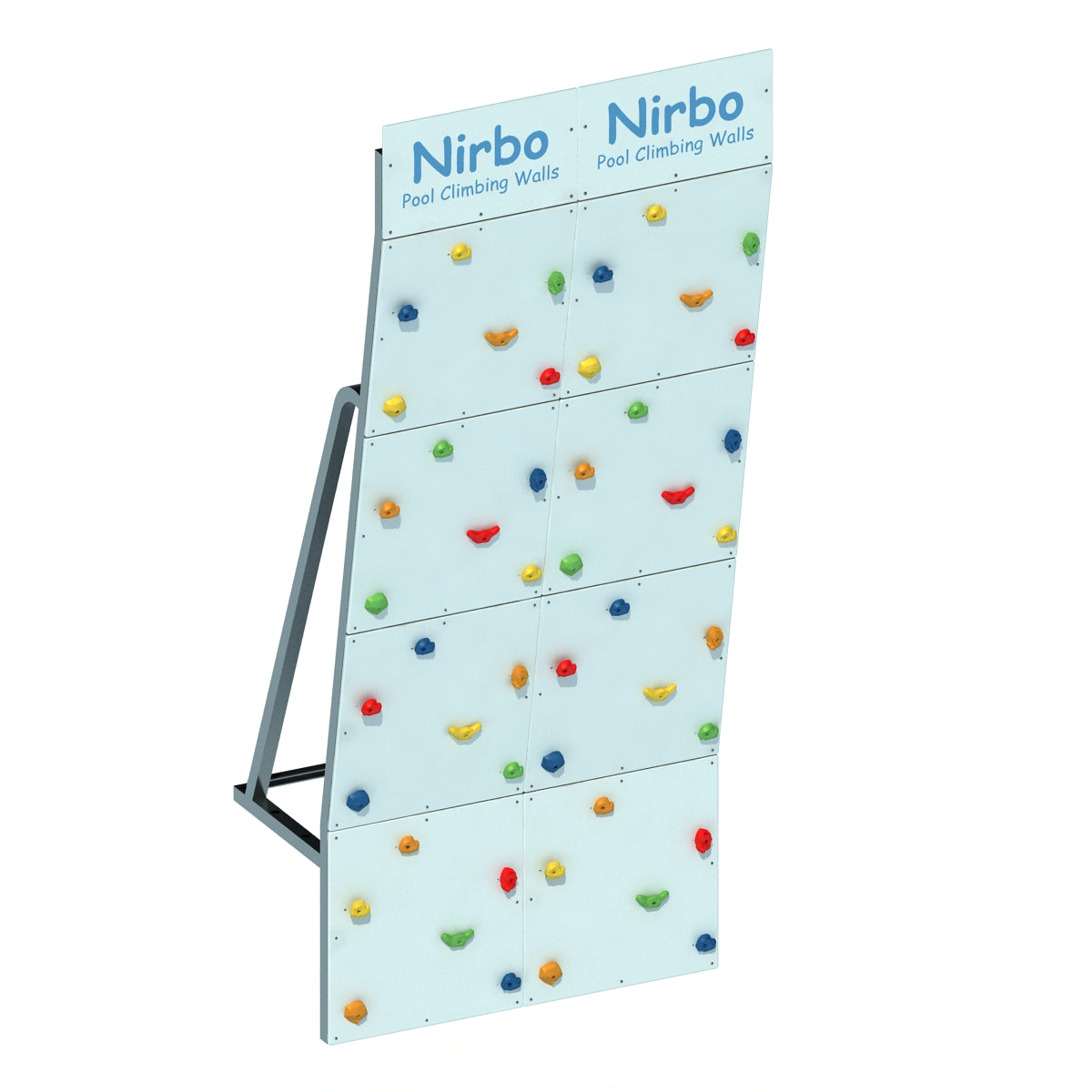 Upright pool climbing wall with colorful handholds and sturdy metal frame designed for indoor or outdoor pools