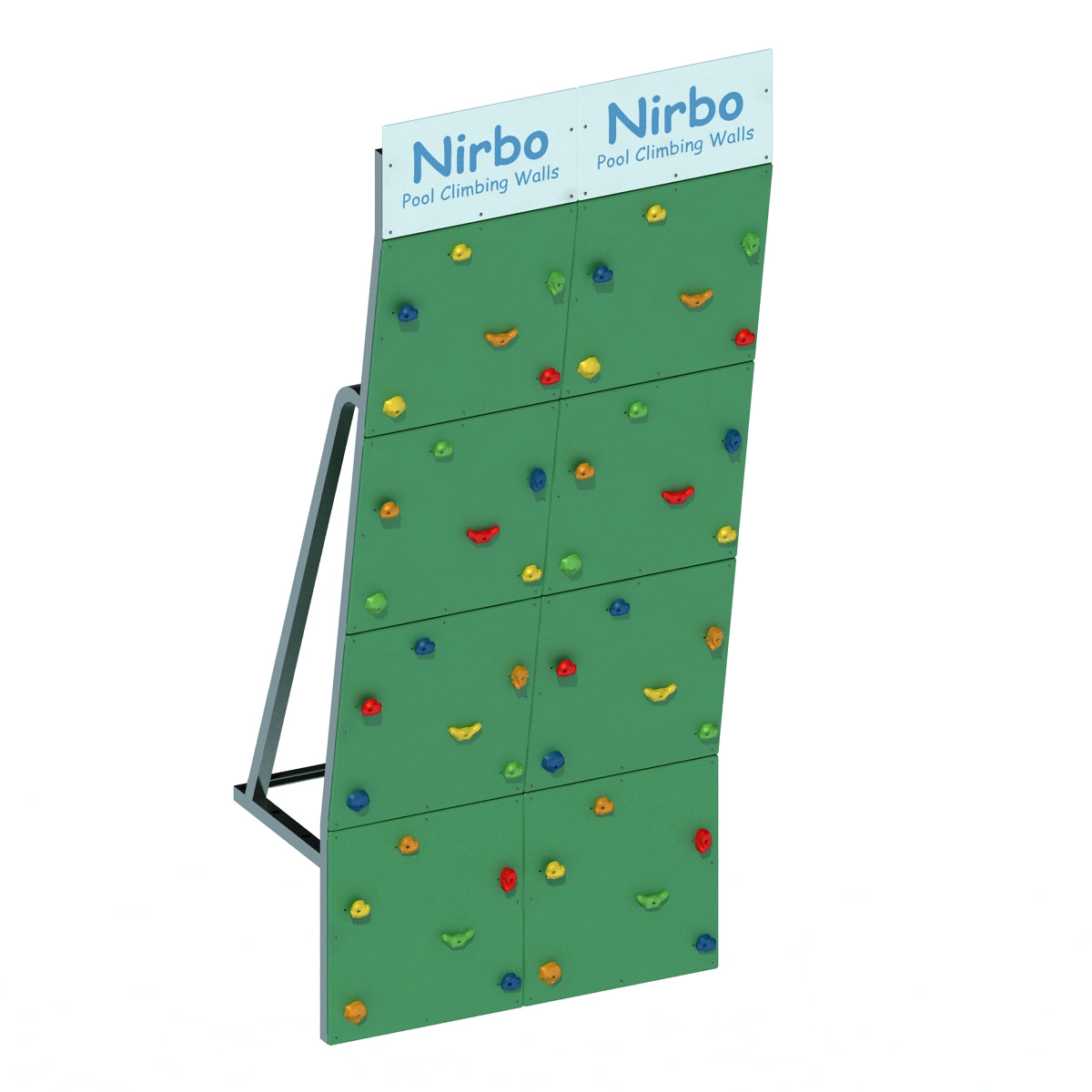 Green pool climbing wall with colorful handholds and sturdy metal frame for indoor or outdoor use