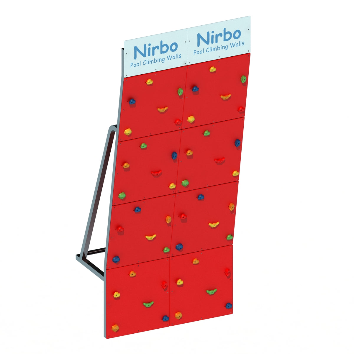 Red double straight pool climbing wall with colorful handholds and sturdy metal frame for indoor or outdoor use