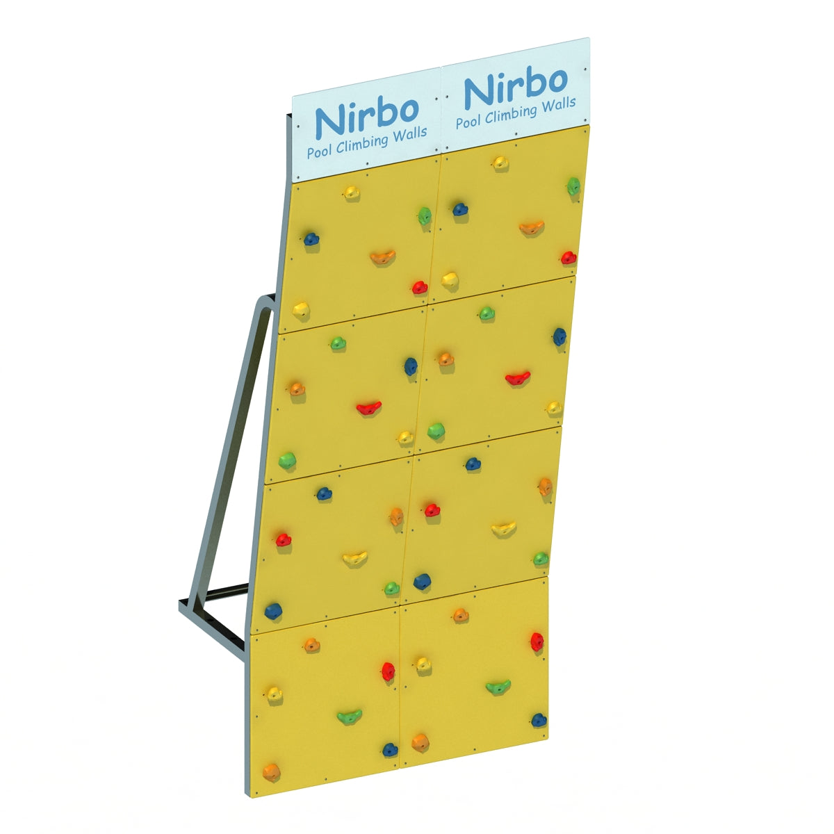 Yellow double straight pool climbing wall with colorful handholds and sturdy metal frame for indoor or outdoor use