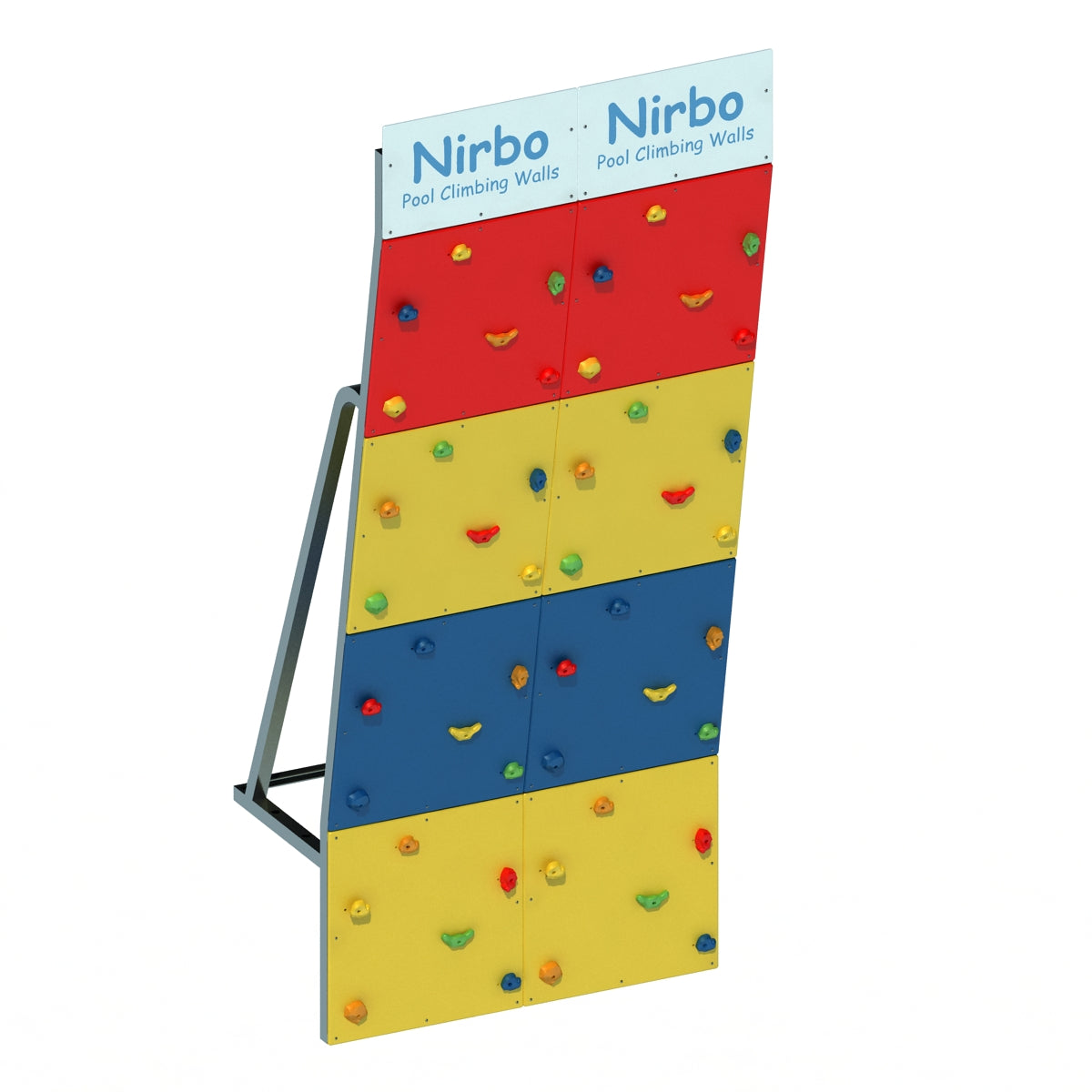 Double straight multi-color pool climbing wall with assorted climbing holds on a durable metal frame