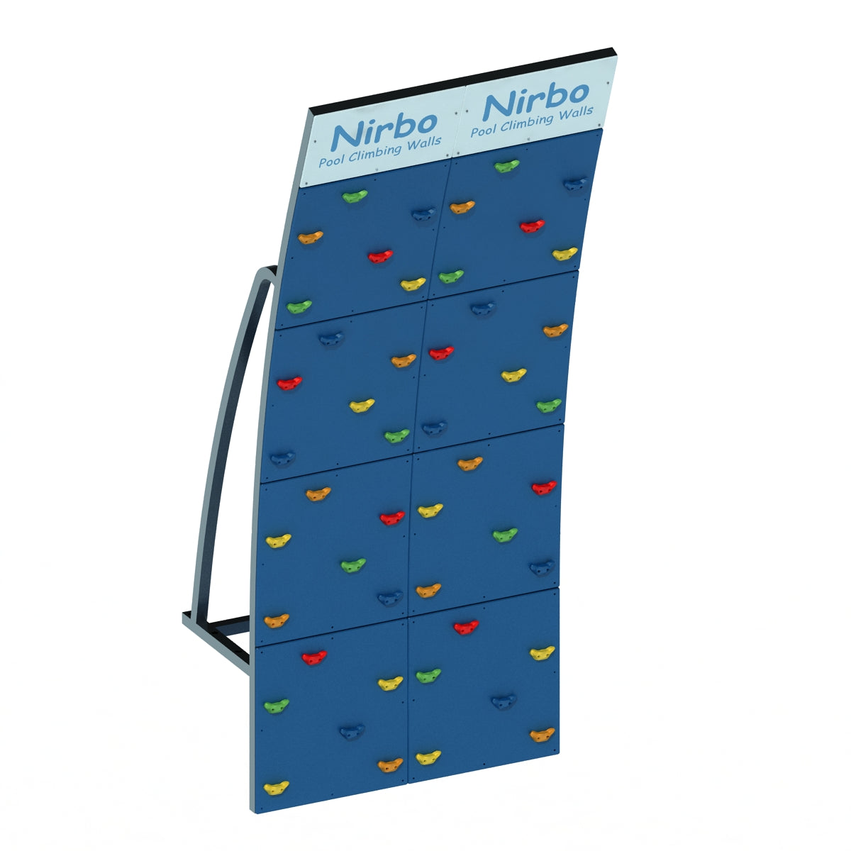 Double curved blue pool climbing wall with colorful handholds and sturdy metal frame