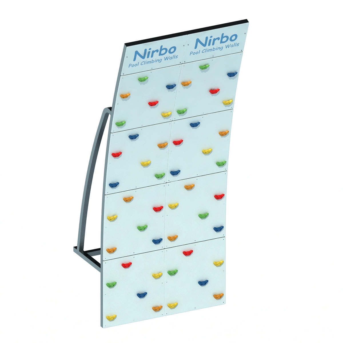 Double curved pool climbing wall with colorful handholds and sturdy metal frame for indoor or outdoor use