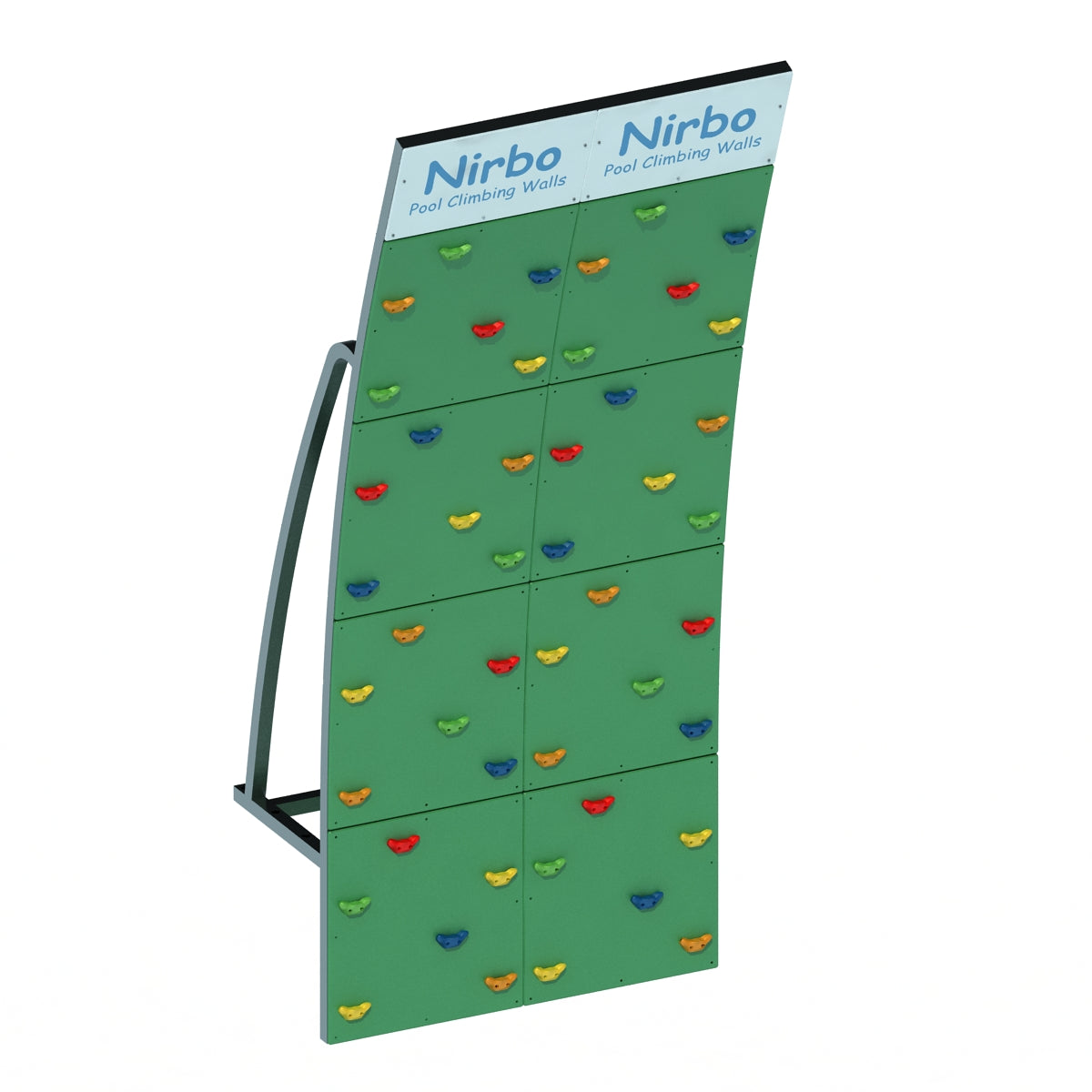 Green double-curved pool climbing wall with colorful handholds and sturdy metal frame