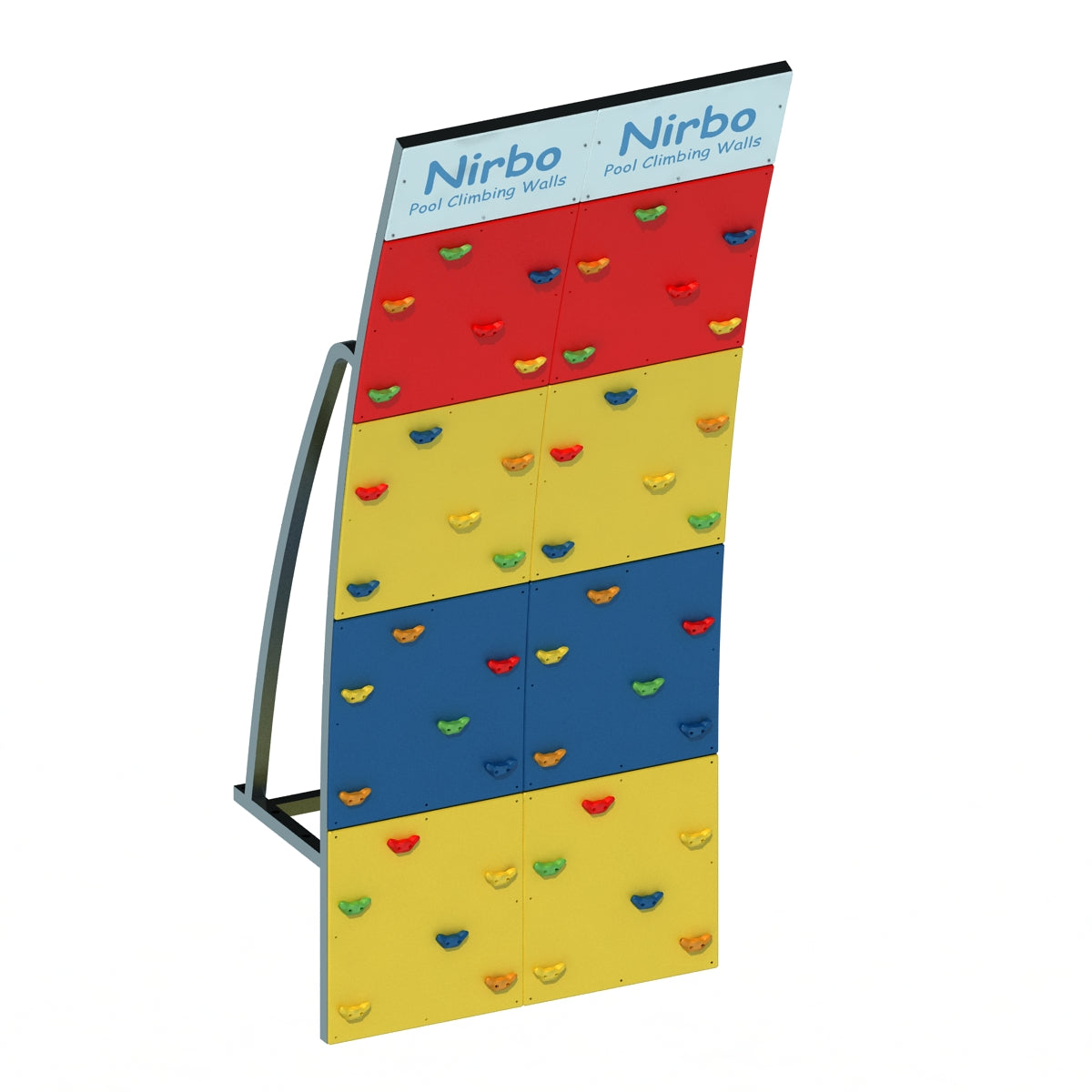 Double curved pool climbing wall with red, yellow, and blue panels and multicolored climbing holds