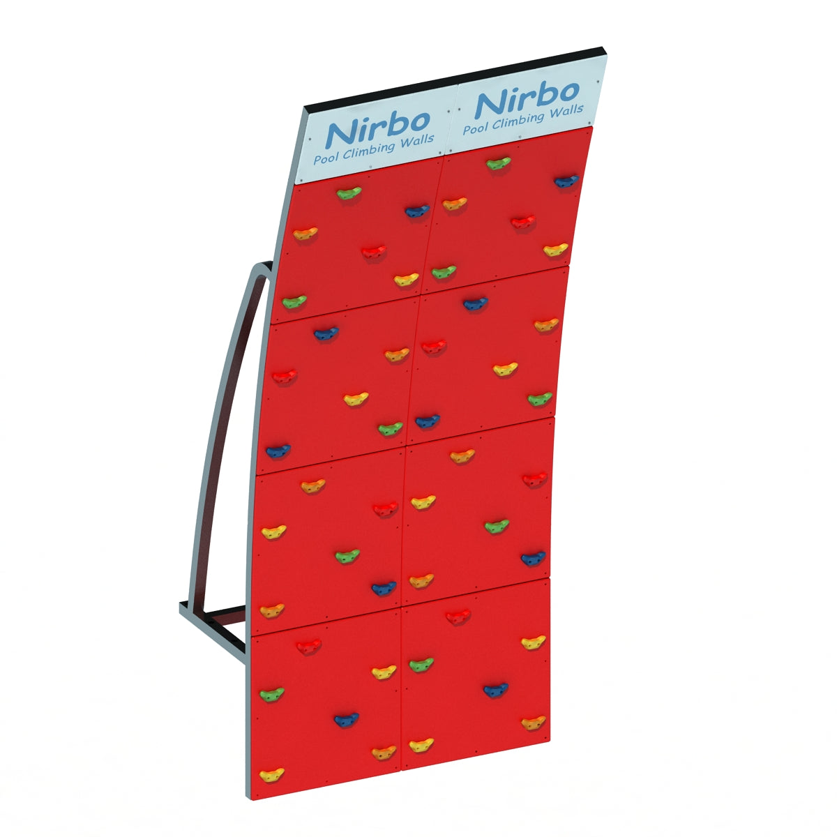 Double curved red pool climbing wall with multicolored handholds and sturdy metal frame for aquatic play