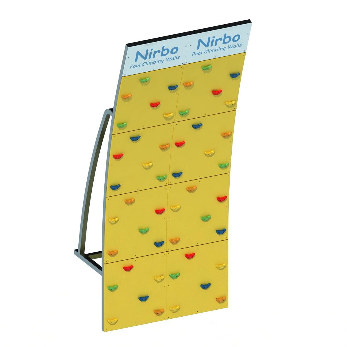 Double curved yellow pool climbing wall with colorful handholds and sturdy metal frame for indoor or outdoor use