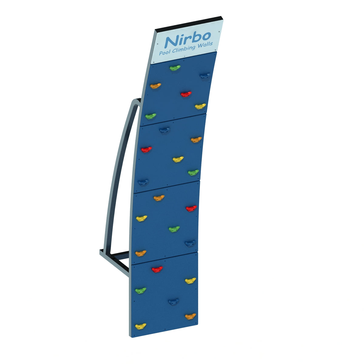 Curved blue pool climbing wall with colorful handholds and sturdy metal frame for indoor or outdoor use