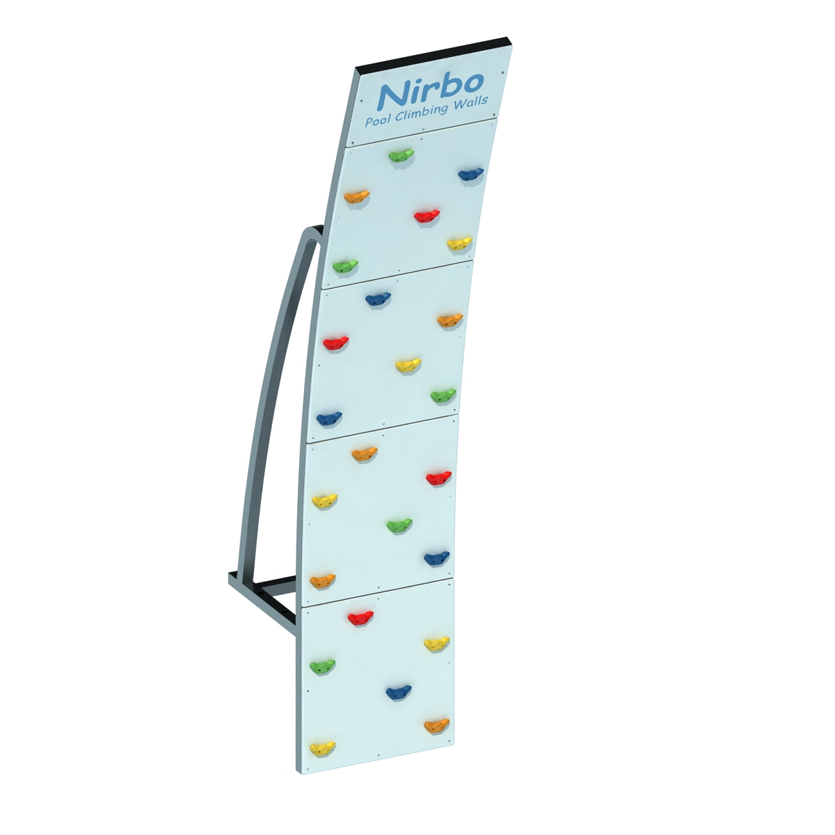 Curved clear pool climbing wall with colorful handholds and sturdy metal frame for indoor or outdoor use