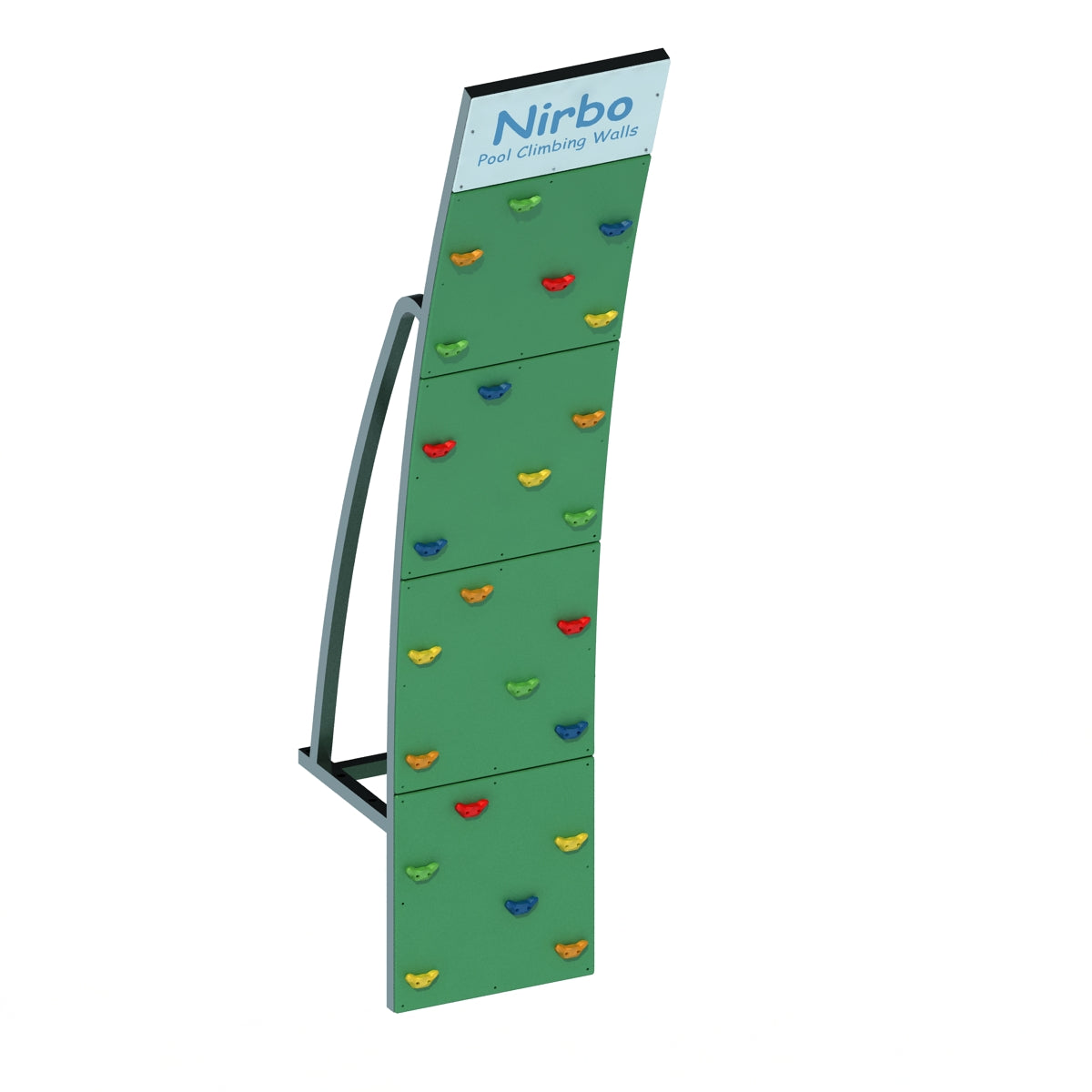Curved green pool climbing wall with colorful handholds and sturdy metal frame for indoor or outdoor use