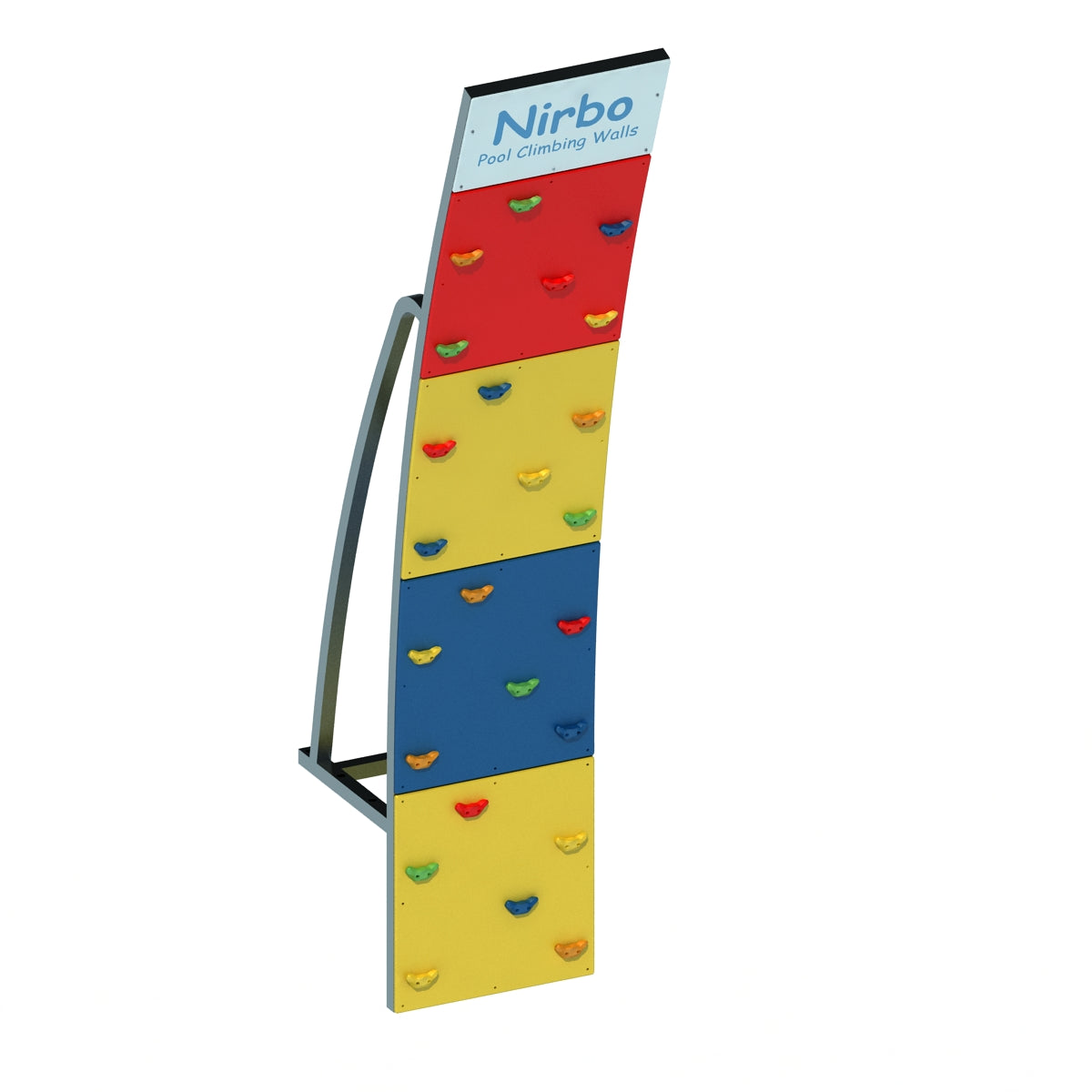 Curved multi-color pool climbing wall with red, yellow, and blue panels and colorful climbing holds