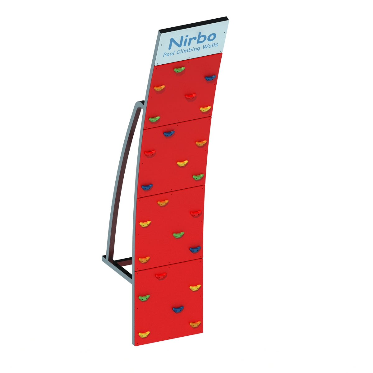 Curved red pool climbing wall with colorful handholds and sturdy metal frame for indoor or outdoor use