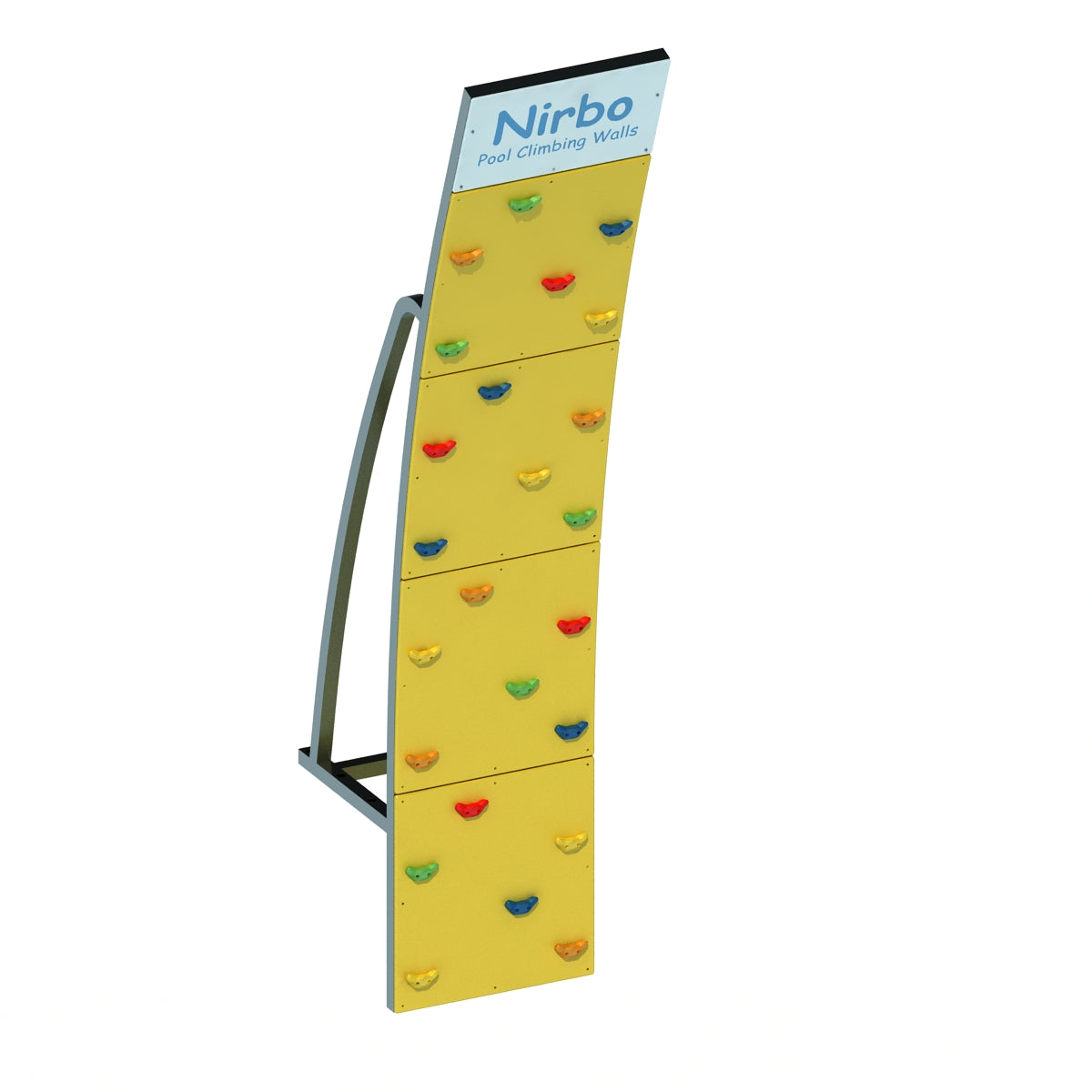 Curved yellow pool climbing wall with multicolored handholds and sturdy metal frame designed for indoor or outdoor pools