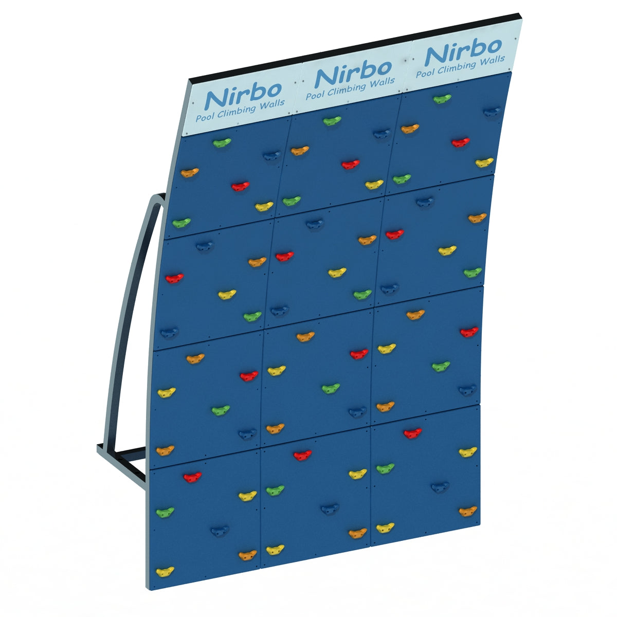 Blue triple-curved pool climbing wall with multicolored handholds and sturdy metal frame for aquatic recreation