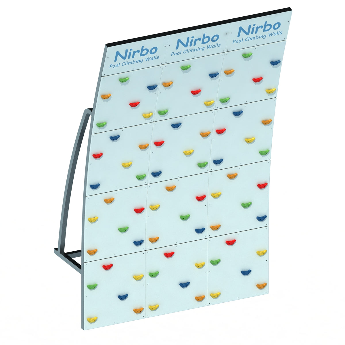 Triple curved pool climbing wall with colorful handholds and sturdy metal frame for indoor or outdoor use