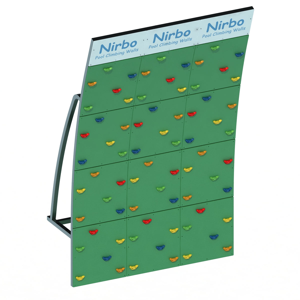 Green triple-curved pool climbing wall with multicolored handholds and sturdy metal frame