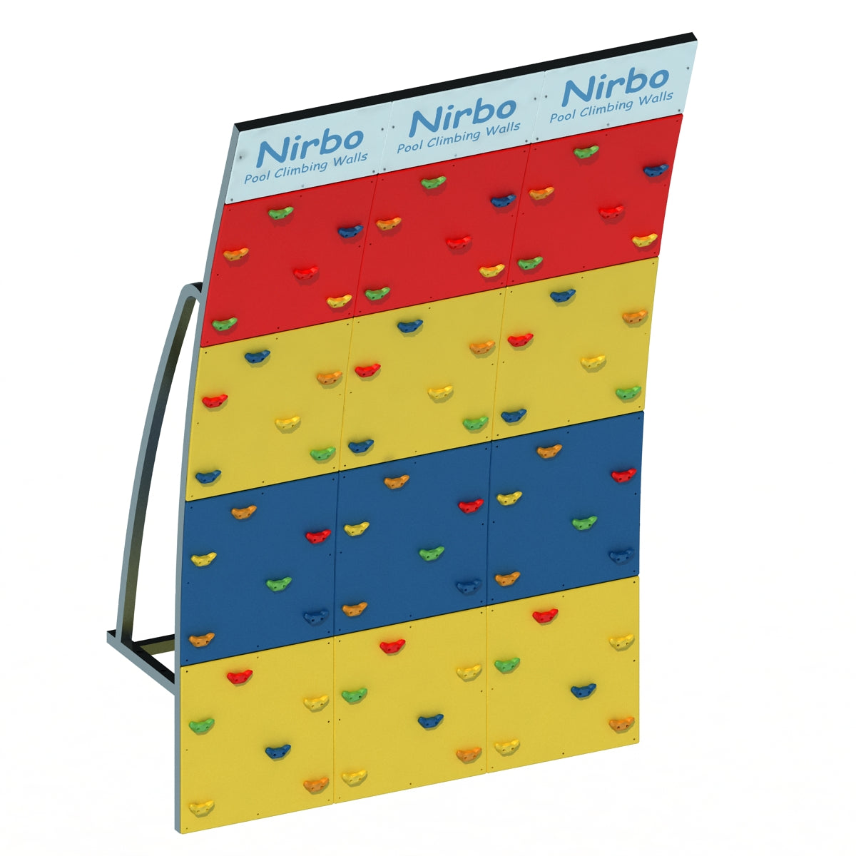 Triple curved pool climbing wall with red, yellow, and blue panels and multicolored climbing holds on stainless steel frame