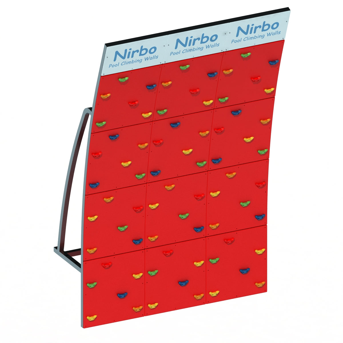 Red triple-curved pool climbing wall with multicolored handholds and sturdy metal frame