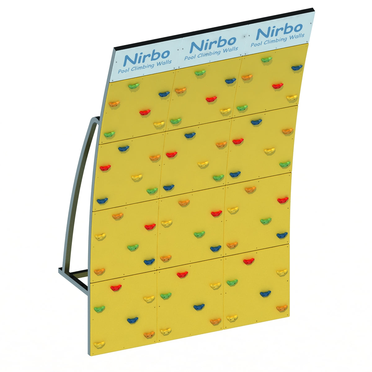 Triple curved yellow pool climbing wall with colorful handholds and sturdy metal frame for indoor or outdoor use