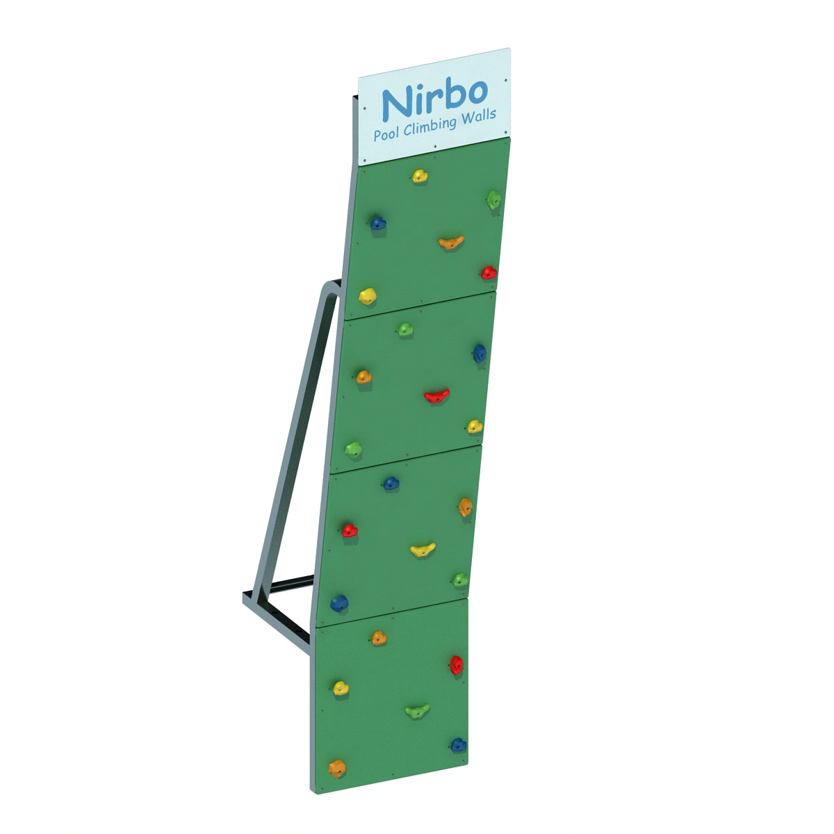 Green single straight pool climbing wall with colorful handholds and sturdy metal frame for indoor or outdoor use