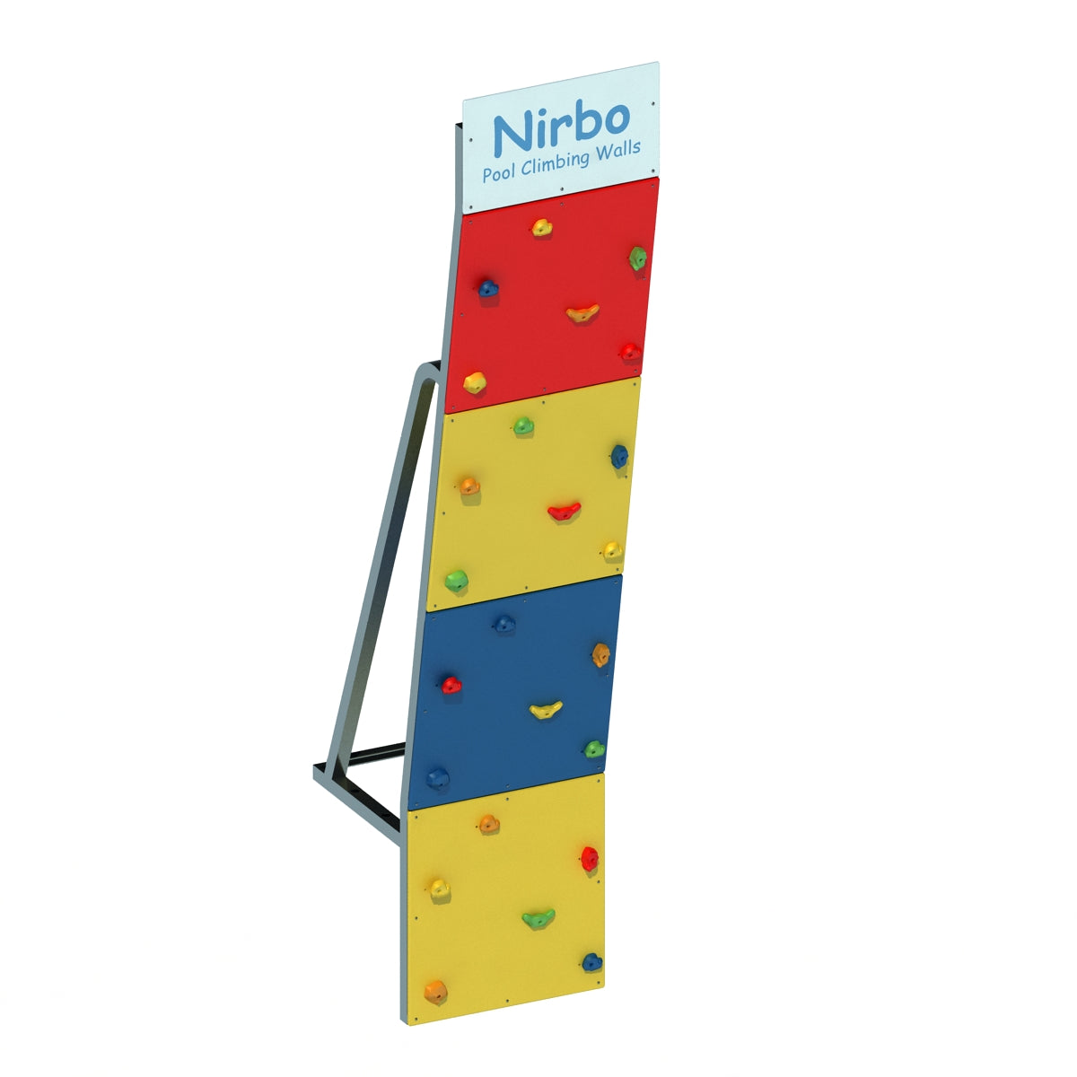 Multi-color pool climbing wall with red, yellow, and blue panels and vibrant climbing holds on a sturdy frame