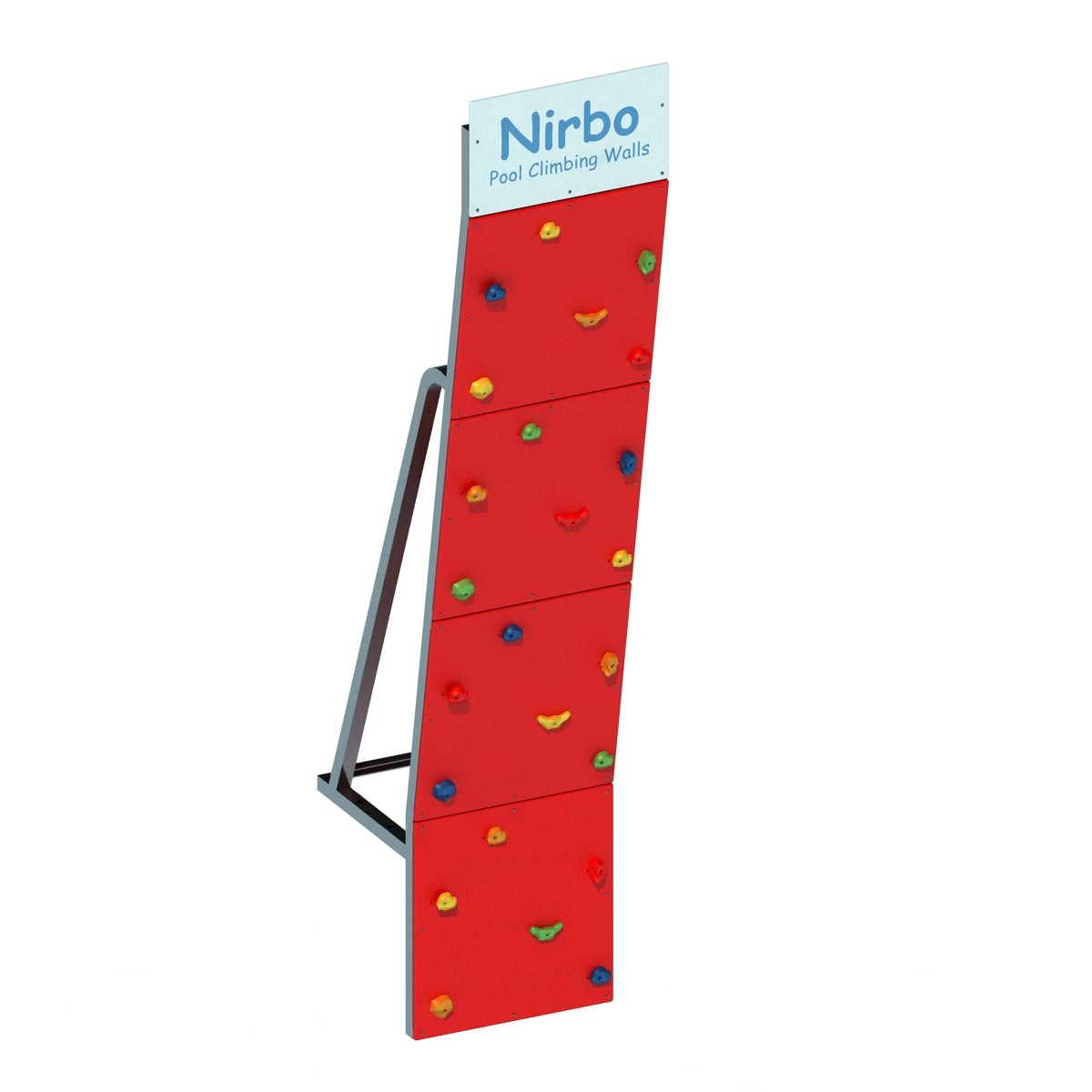 Red single straight pool climbing wall with colorful handholds and sturdy metal frame for indoor or outdoor use