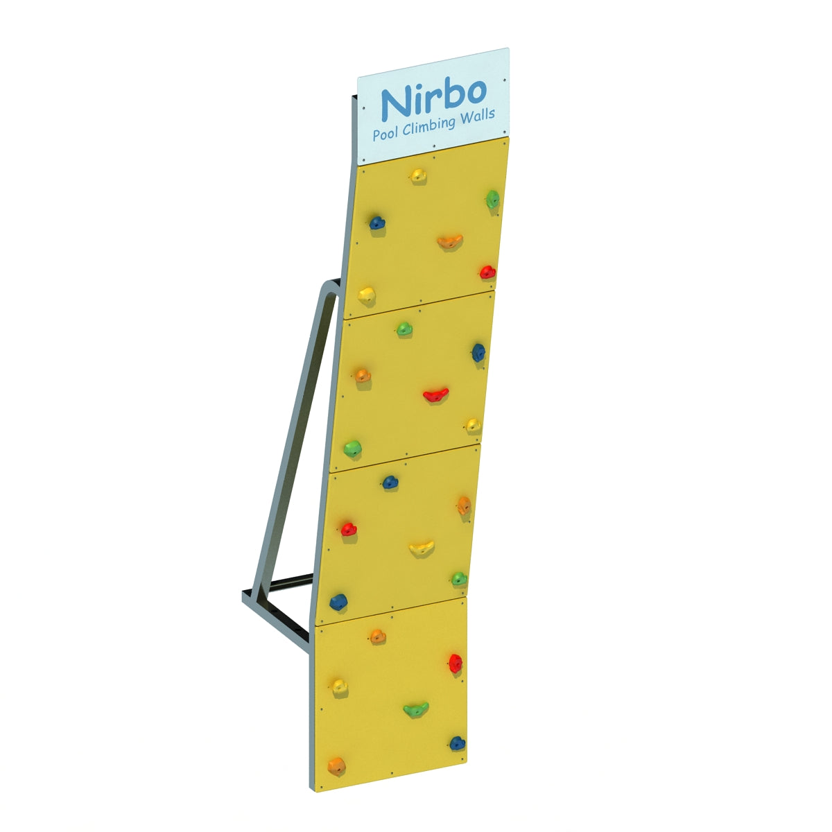 Yellow single straight pool climbing wall with multicolored climbing holds and metal support frame
