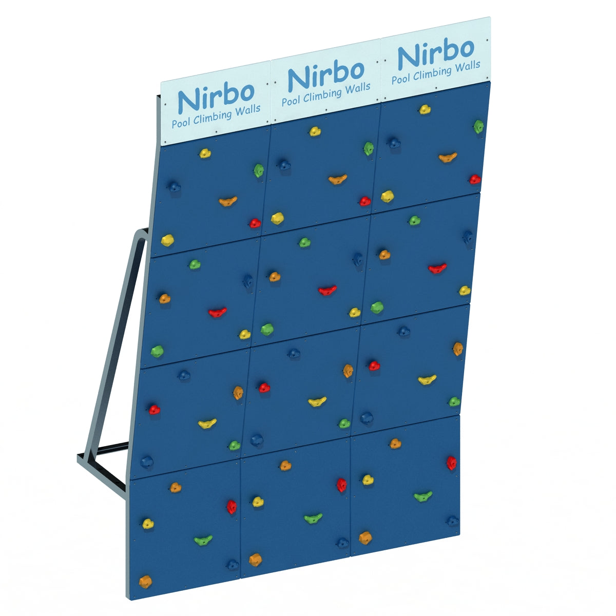 Blue pool climbing wall with colorful handholds and sturdy metal frame for indoor or outdoor use