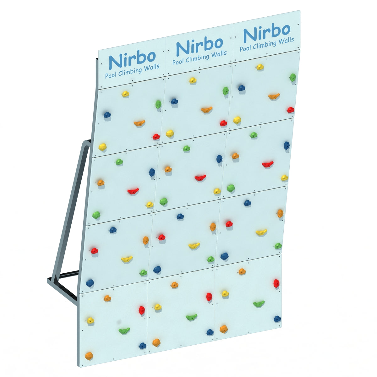 Clear pool climbing wall with colorful holds on a sturdy metal frame designed for water play and pool fun.