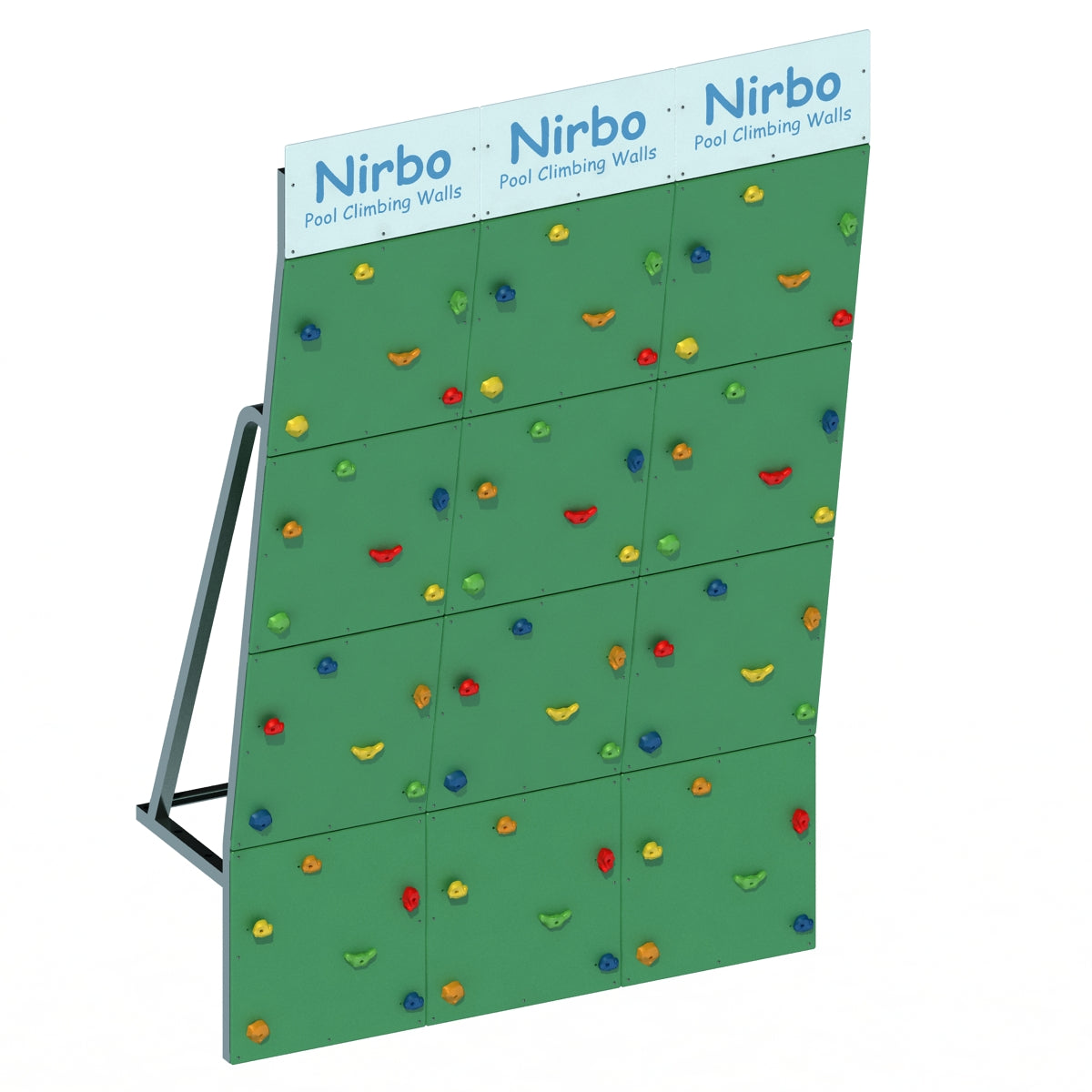Green triple-panel pool climbing wall with colorful handholds and sturdy metal frame for indoor or outdoor use