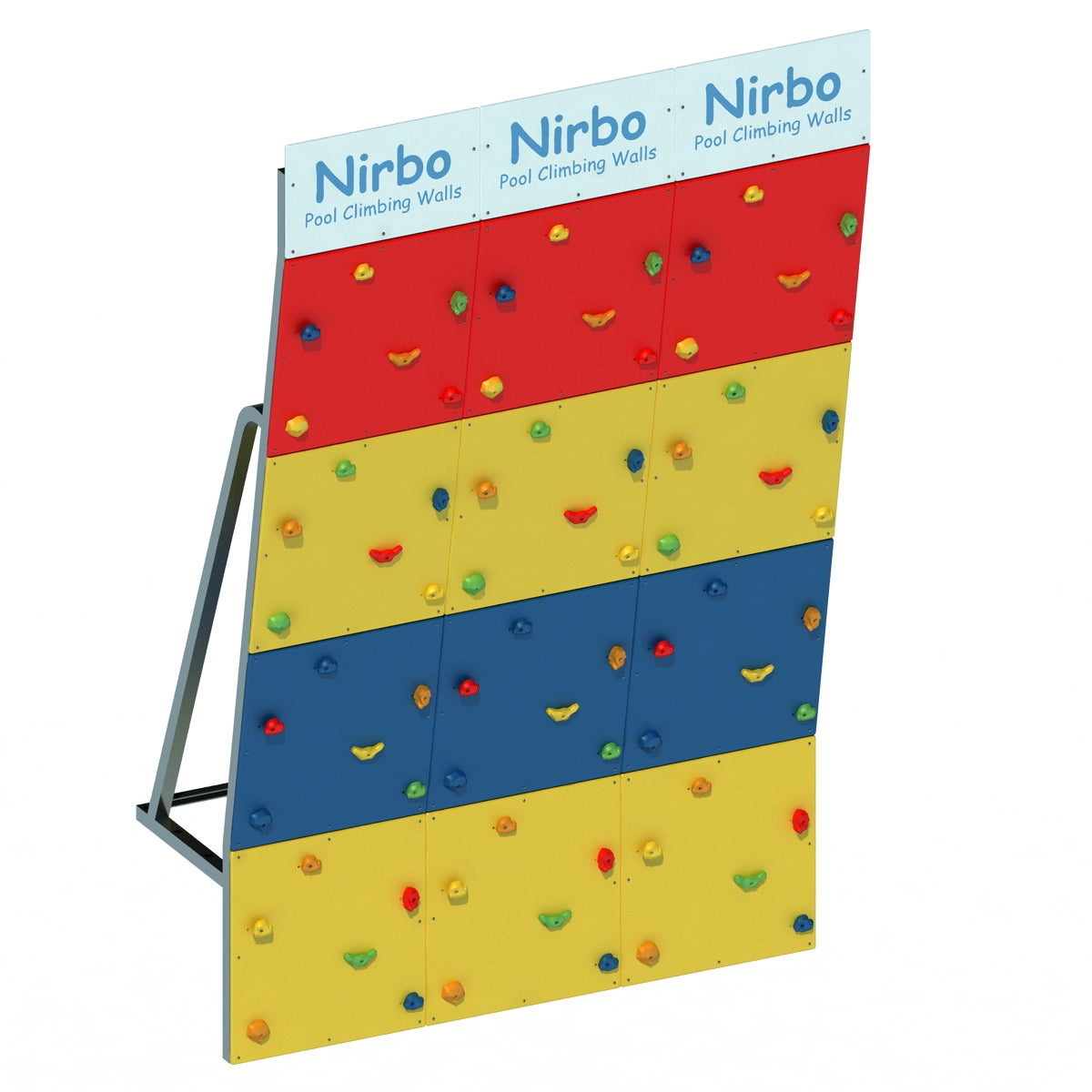 Multi-color pool climbing wall with stainless steel frame and vibrant red, yellow, and blue climbing panels and holds