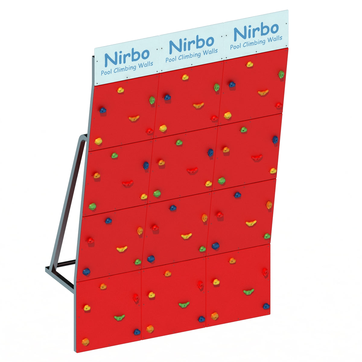 Red triple straight pool climbing wall with colorful handholds and stainless steel frame for indoor or outdoor use