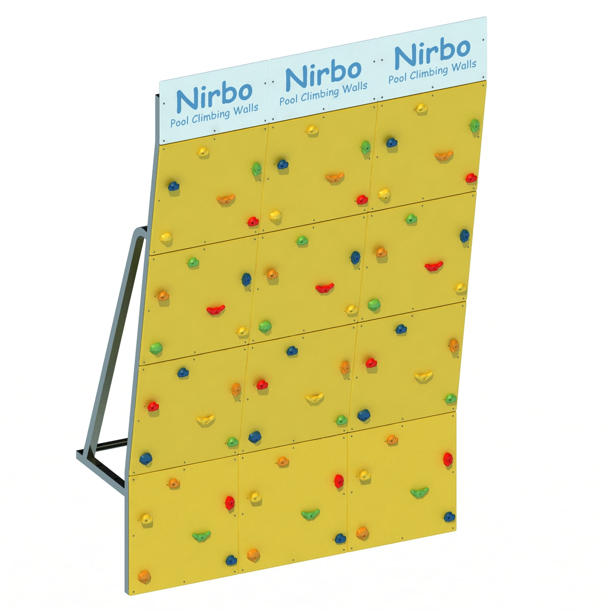 Yellow triple straight pool climbing wall with colorful handholds and sturdy metal frame for indoor or outdoor use