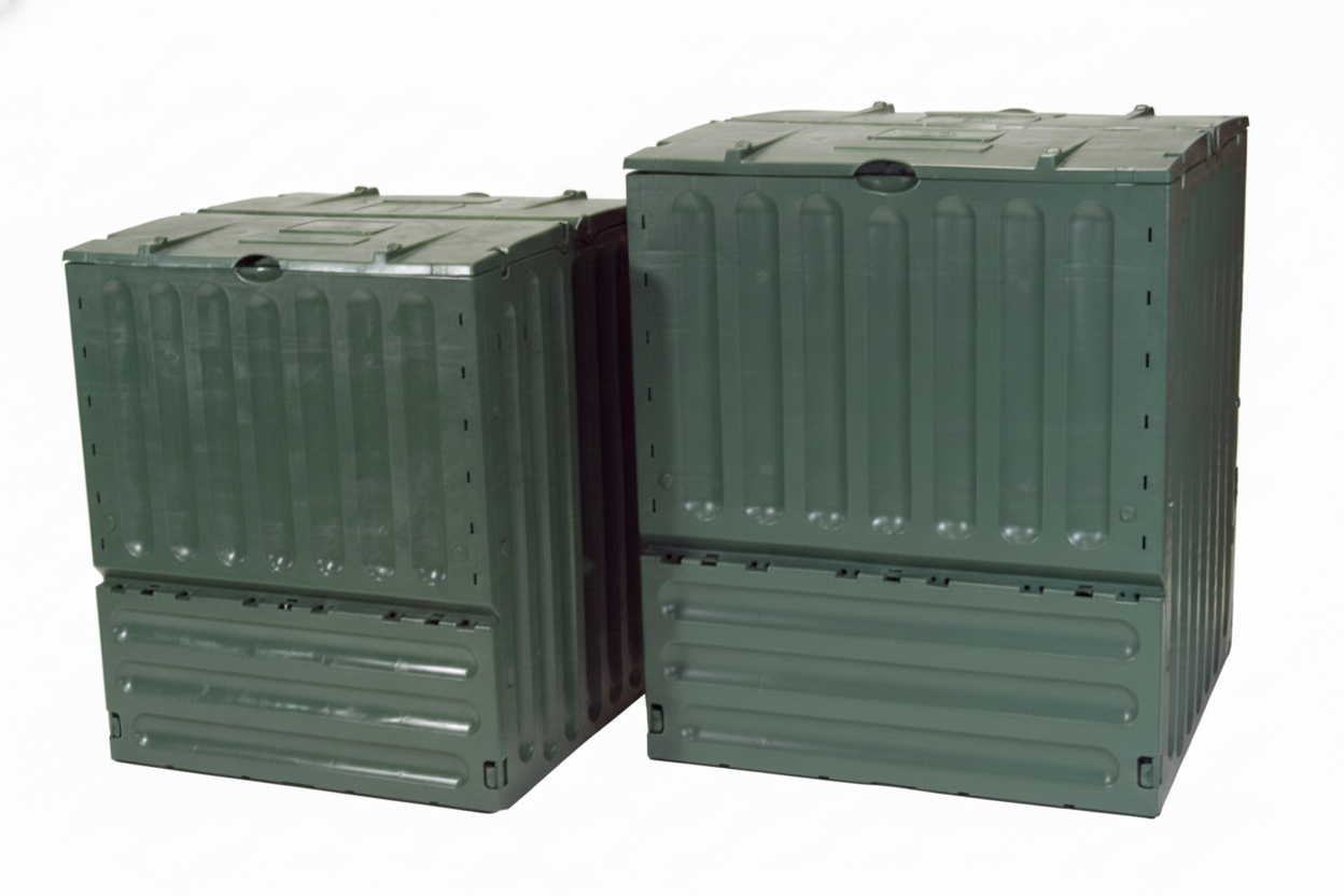 Eco King 600 Compost Bin green vertical-ridged plastic bin with hinged lid, square shape, shown with smaller bin side by side