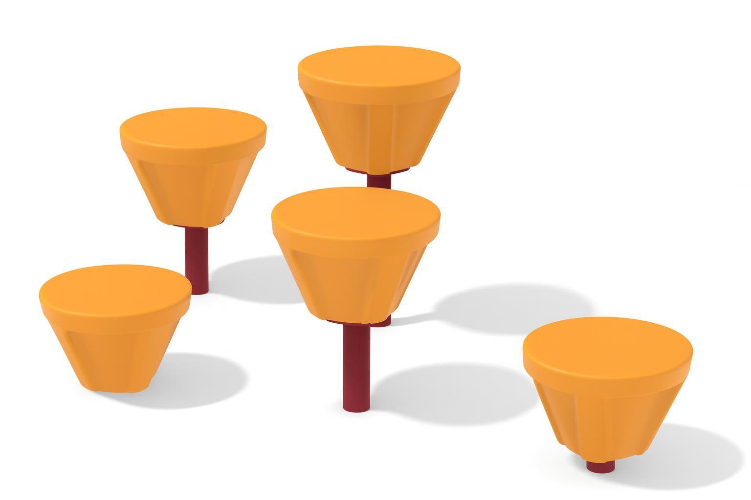 Fun Pods Playground Section with five yellow-topped stepping pods on red poles for balance and coordination play on wood chip ground
