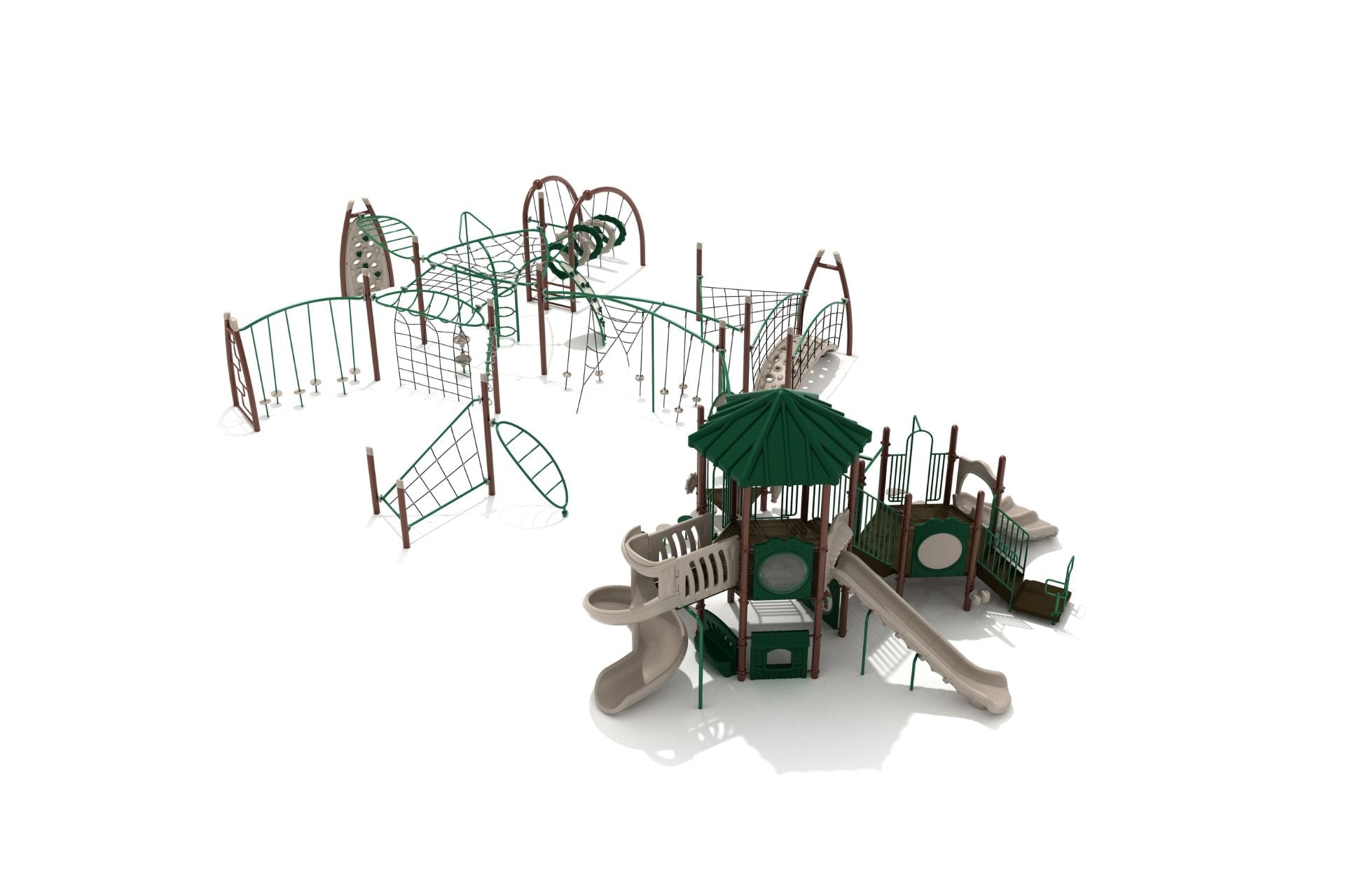 Large playground structure with slides, climbing nets, overhead climbers, and stepping stones in green and beige colors.