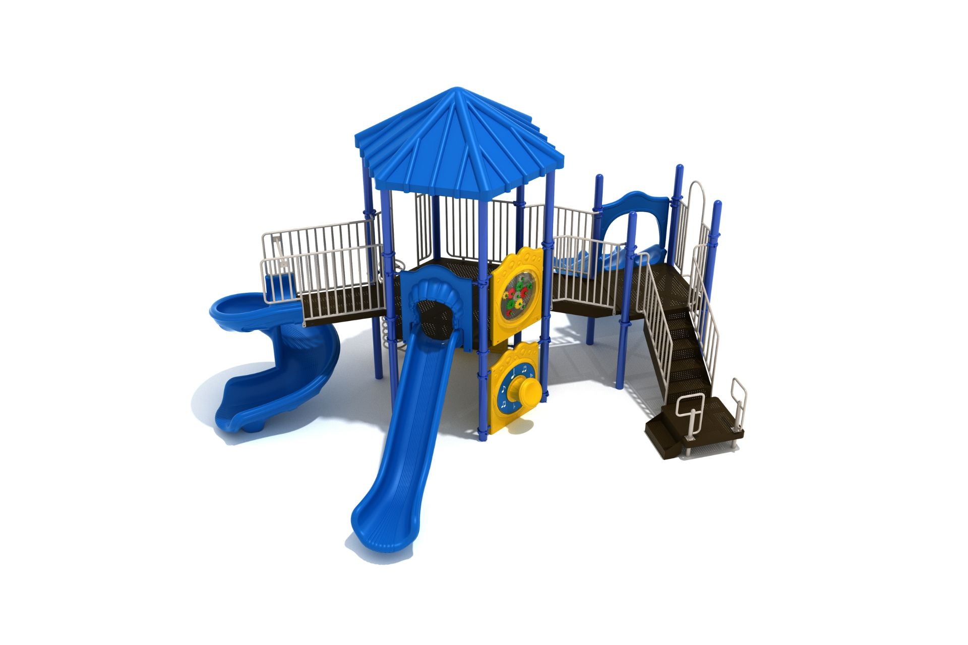 Elevated hexagonal pavilion playground with blue slides, ramps, spiral climber, and interactive yellow panels, accessible design