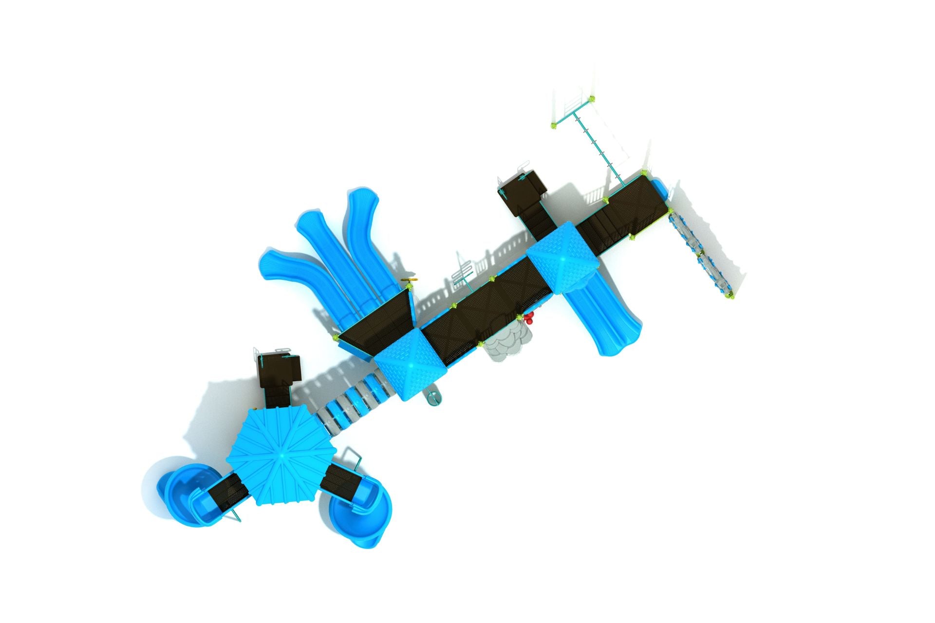 Overhead view of a large blue playground structure with multiple slides, climbing ladders, and shaded platforms