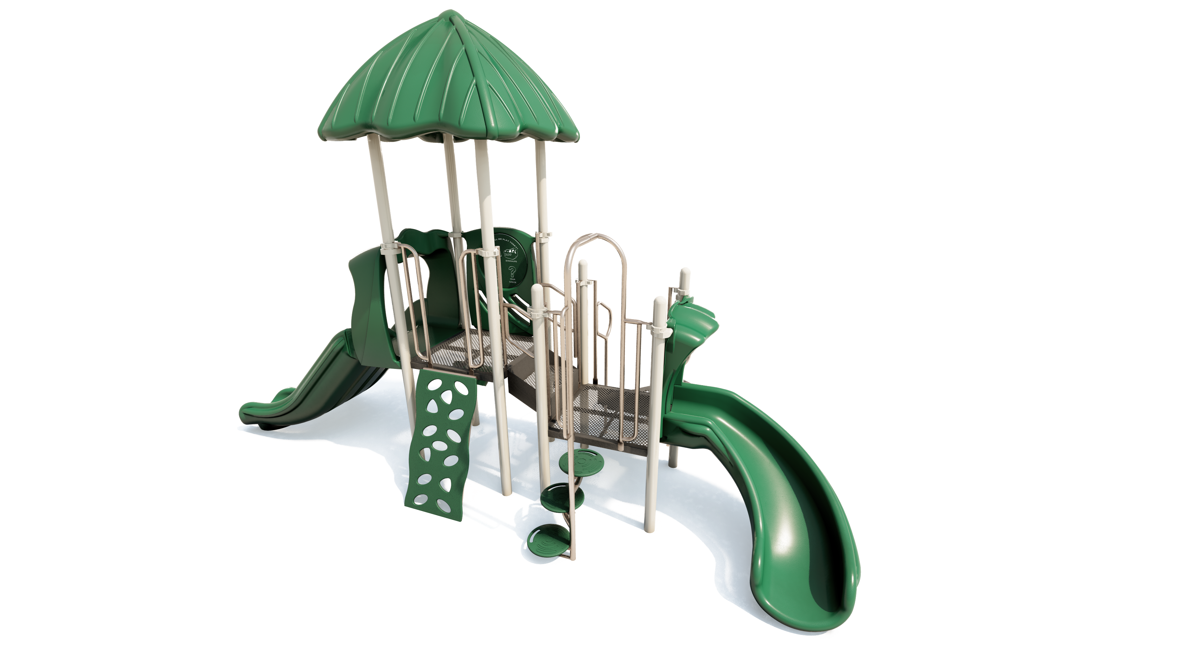 Compact green playground structure with two slides, climbing wall, spiral steps, and a leaf-shaped roof.