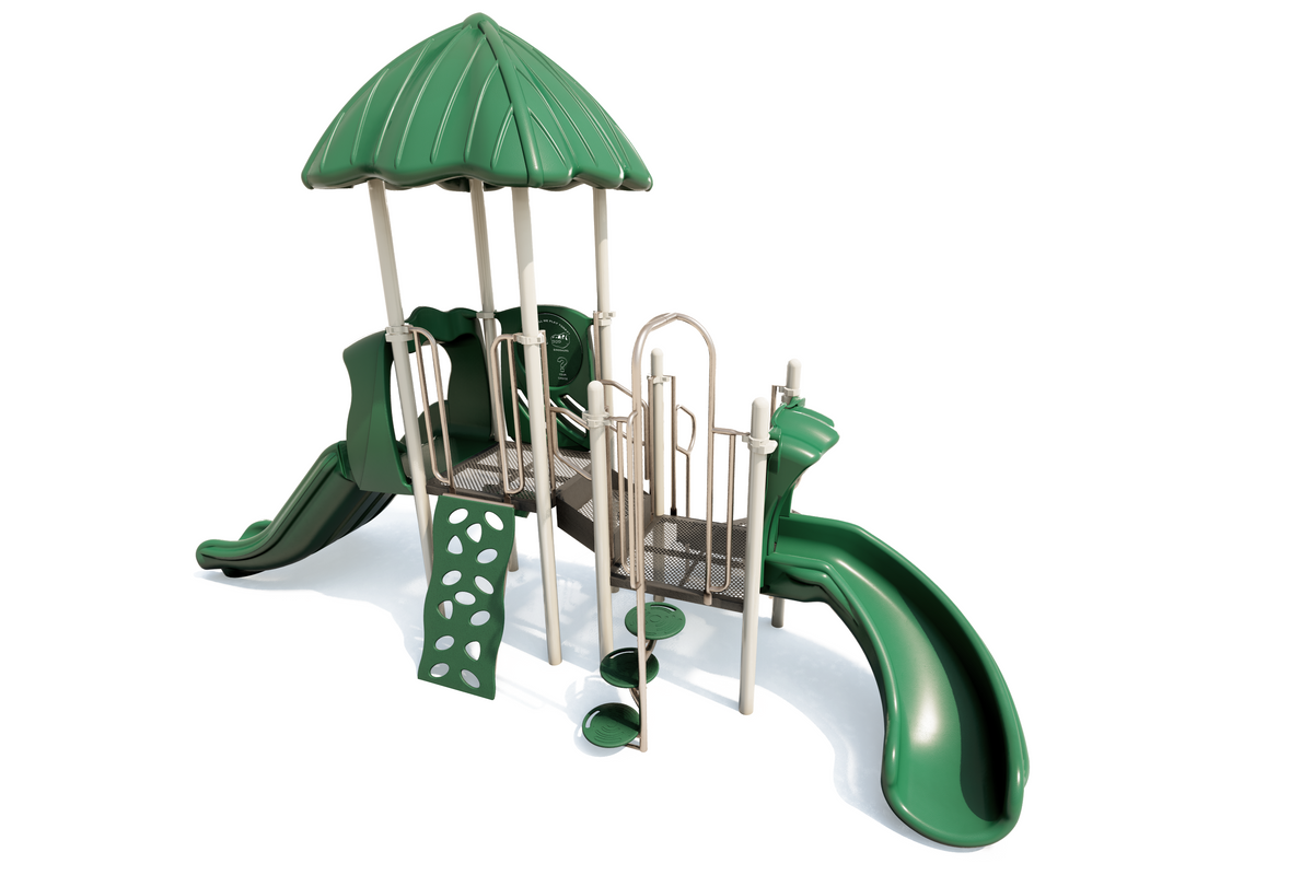 Compact green playground structure with two slides, climbing wall, spiral steps, and a leaf-shaped roof.