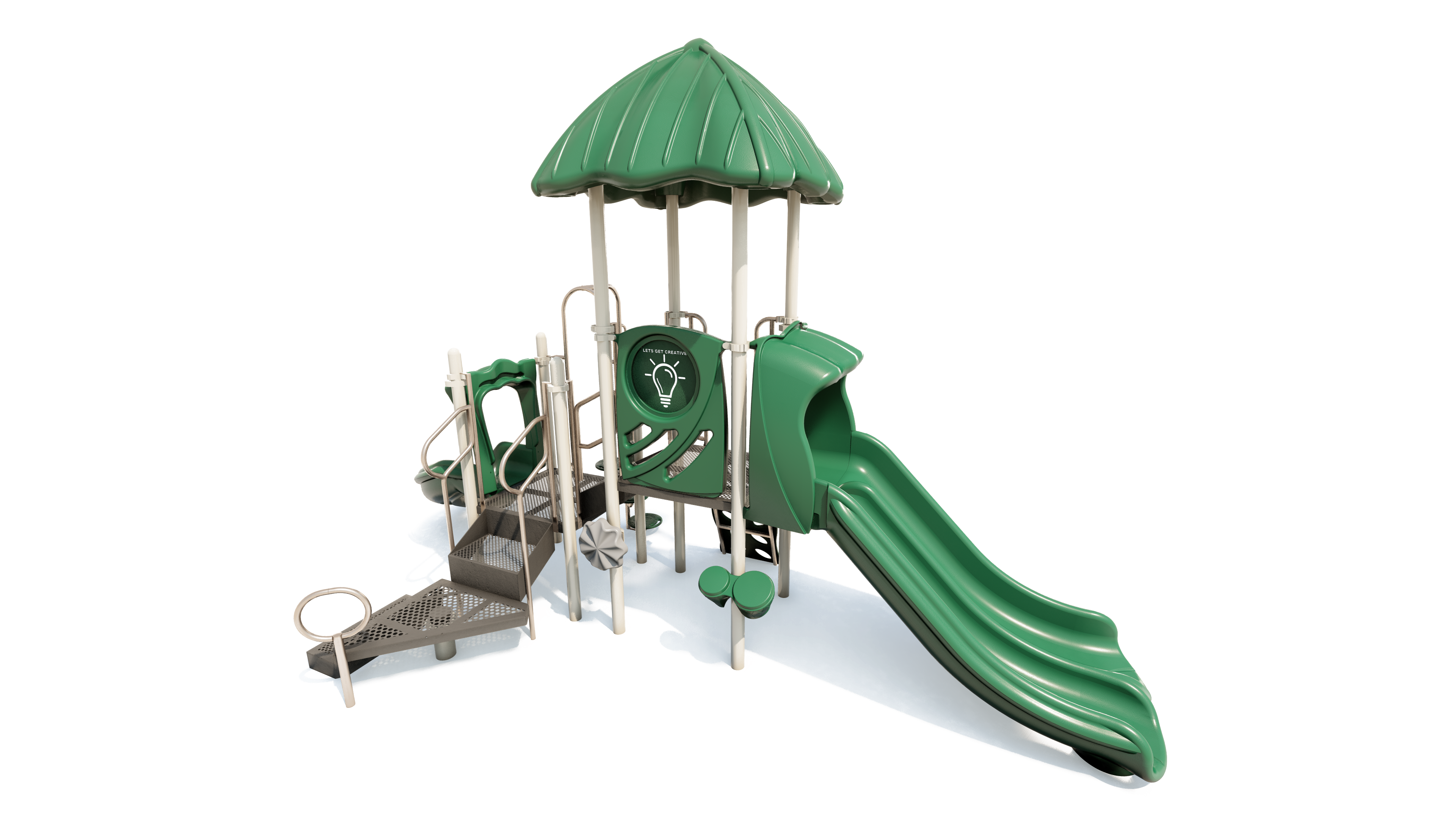 Compact playground structure with dual slides, climbing steps, sensory panel, leaf-shaped roof, and vibrant colors.