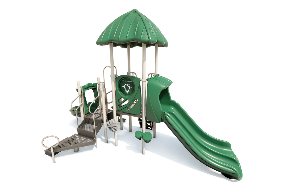 Compact playground structure with dual slides, climbing steps, sensory panel, leaf-shaped roof, and vibrant colors.