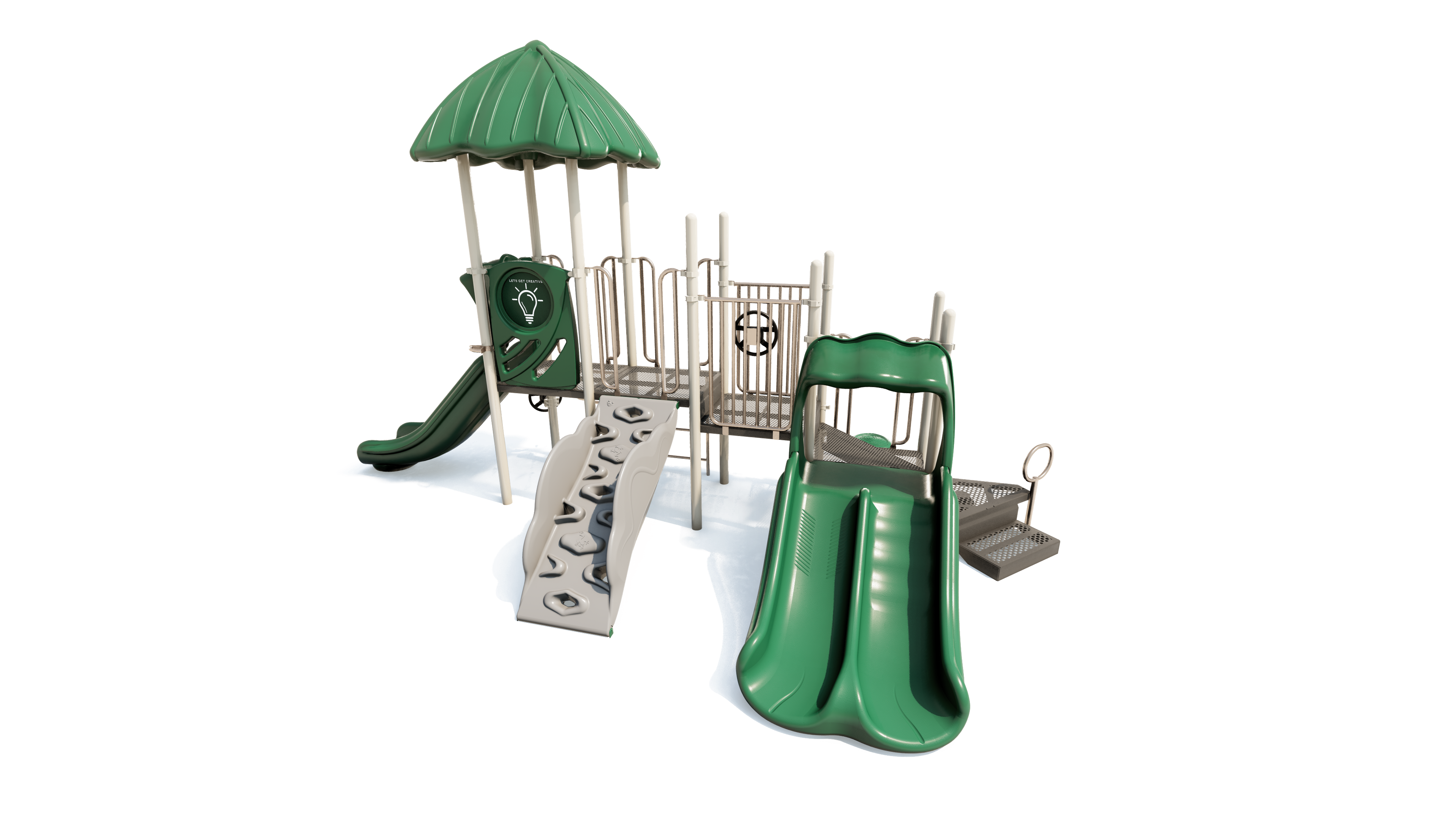 Green and beige playground structure with dual slides, climbing wall, platform, and leaf-shaped canopy