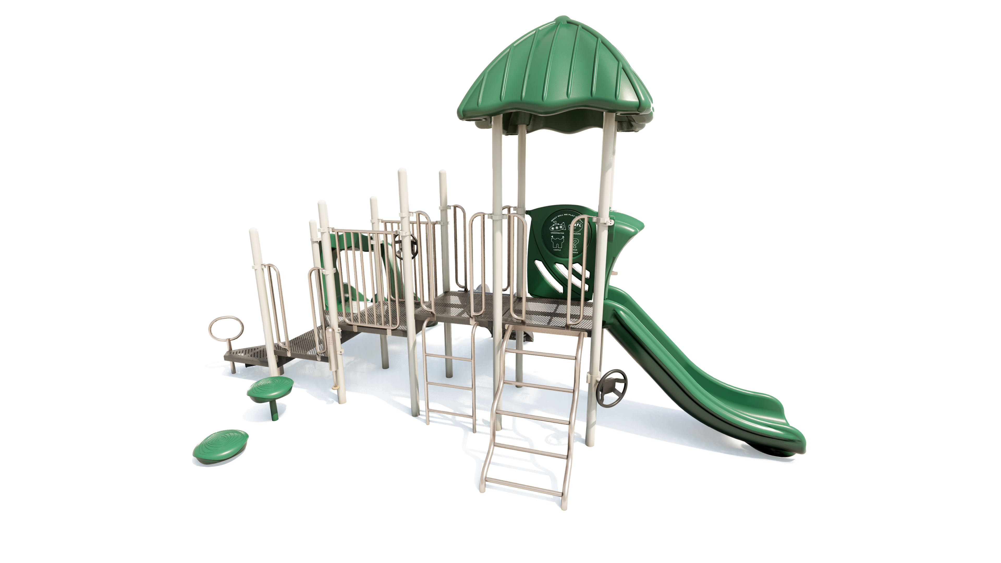 Green and beige playground structure with slide, climbing ladders, platforms, and canopy roof for active play