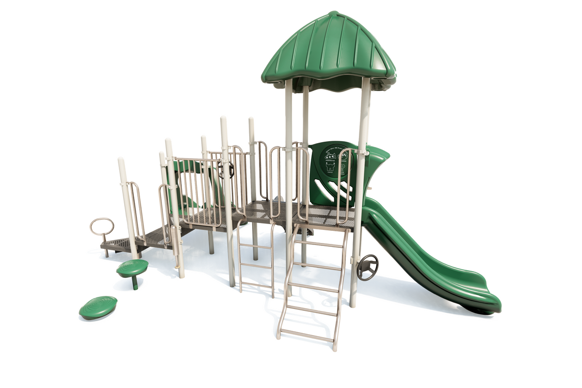Green and beige playground structure with slide, climbing ladders, platforms, and canopy roof for active play
