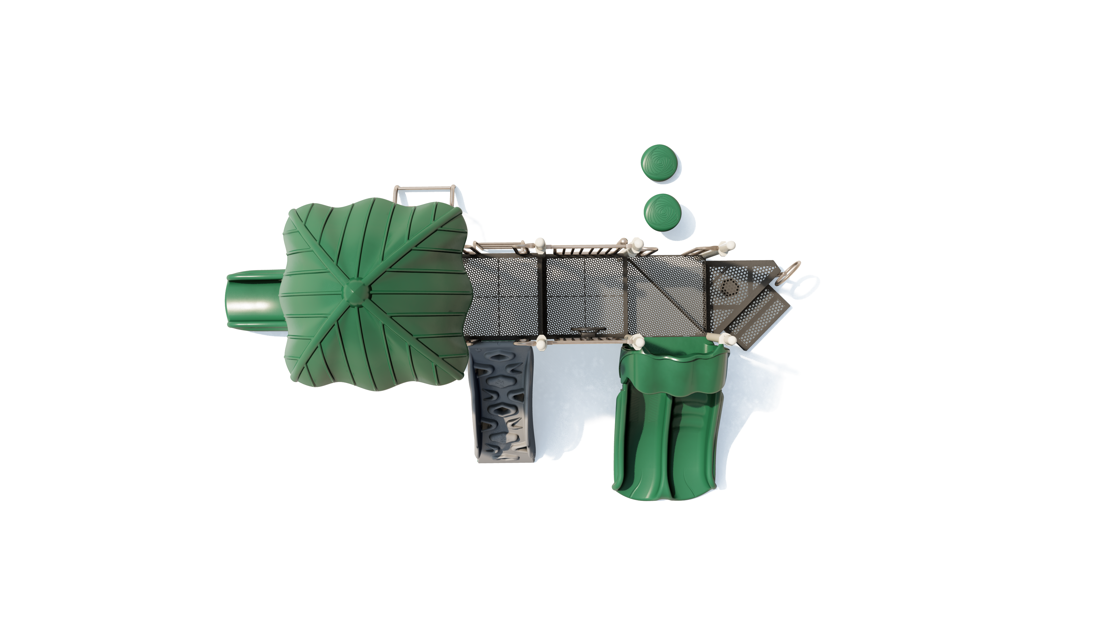 Overhead view of a green and beige playground structure with slides, climbing walls, platforms, and interactive play elements