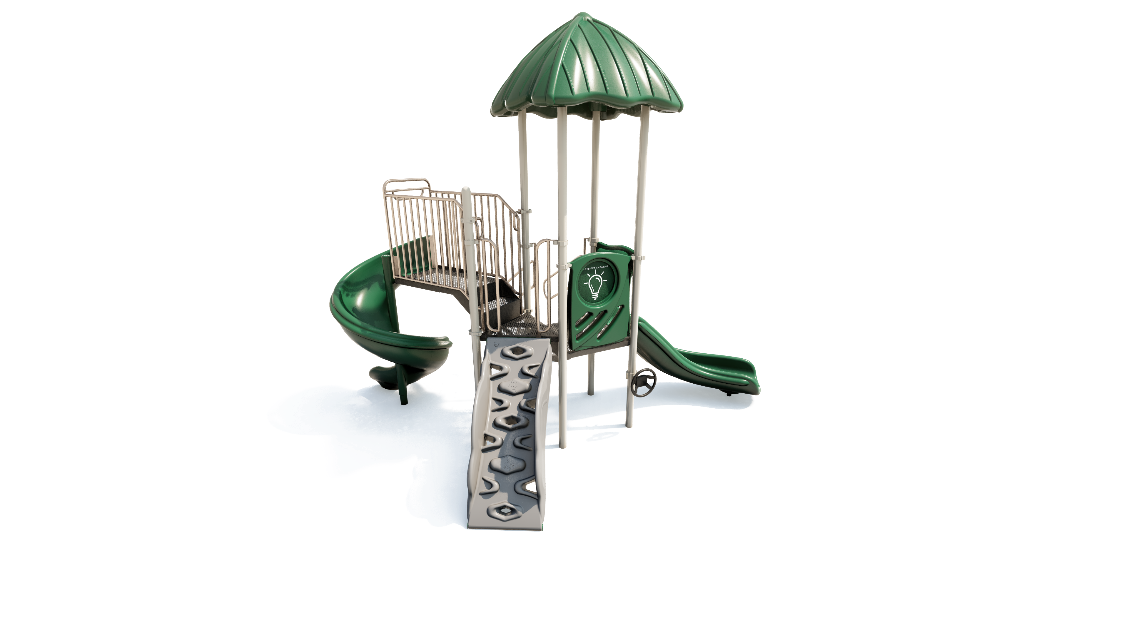Green-roofed playground structure with climbing wall, spiral and straight slides, activity panel, and powder-coated steel posts