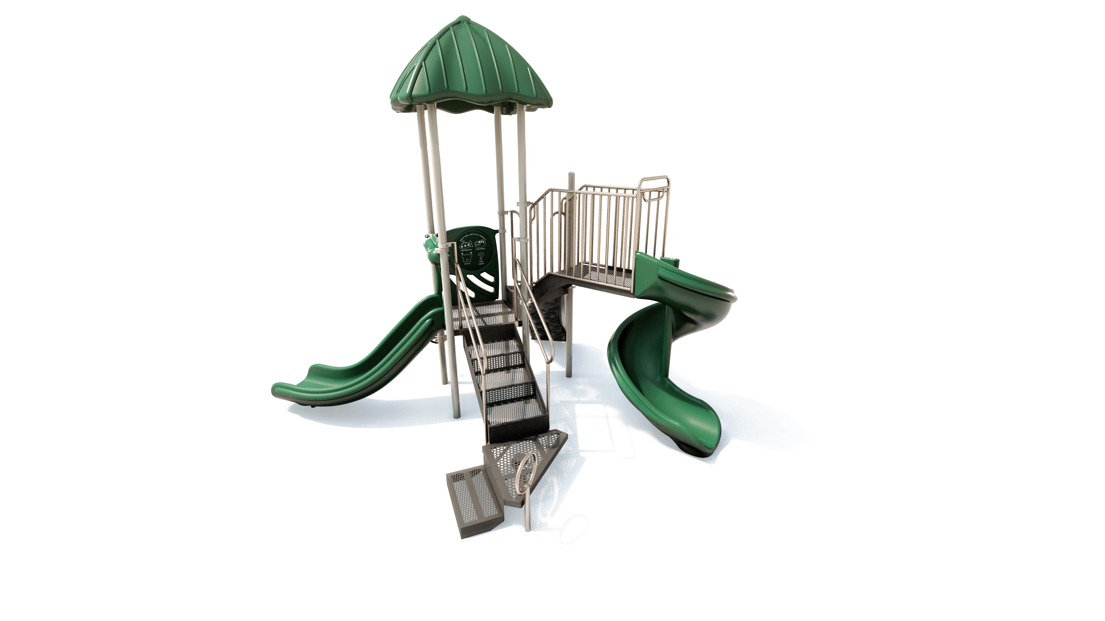 Green and beige playground structure with roof, stairs, straight and spiral slides, and safety railings