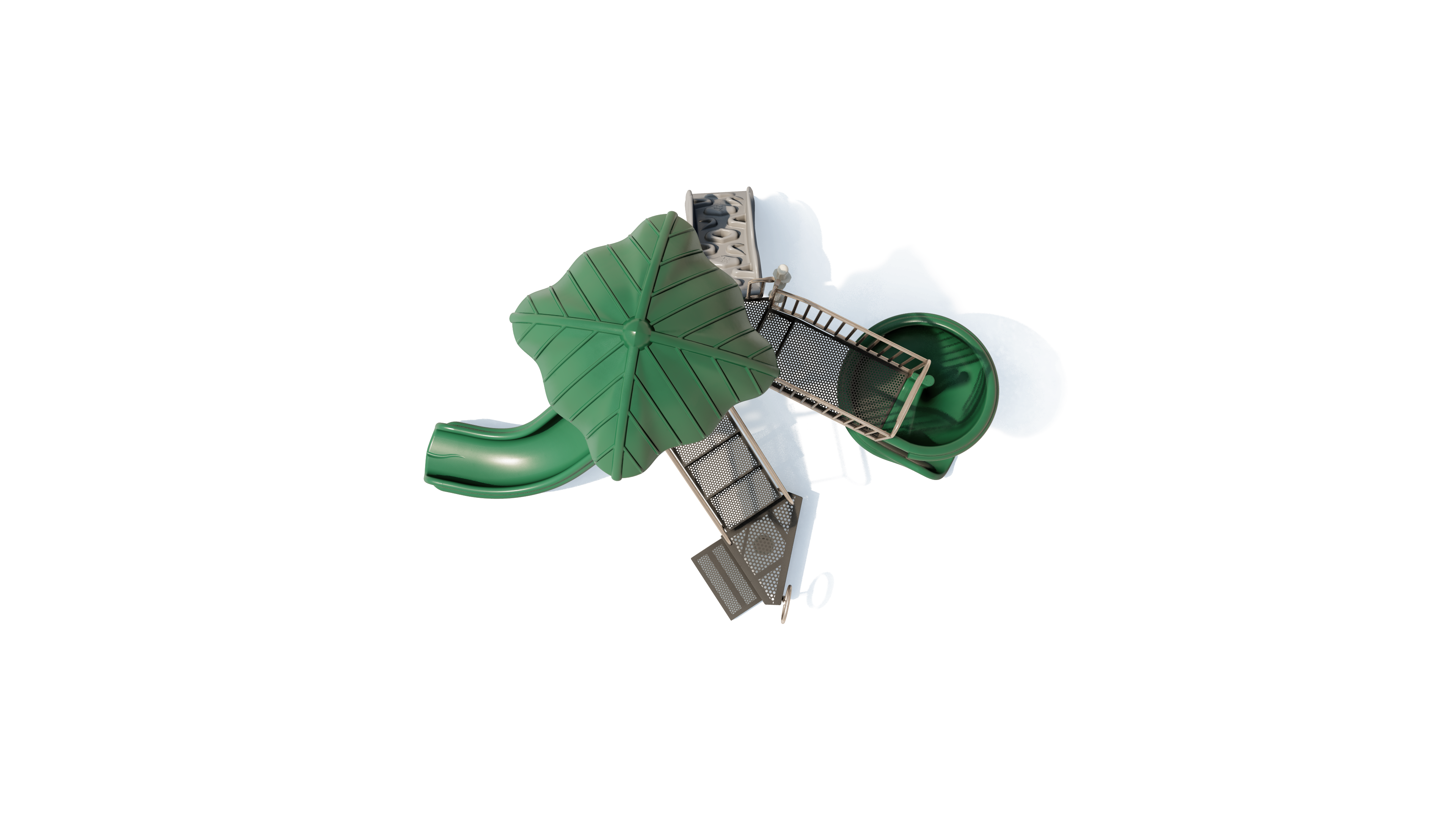 Overhead view of a green-roofed playground with slides, climbing elements, and connecting bridges designed for active play
