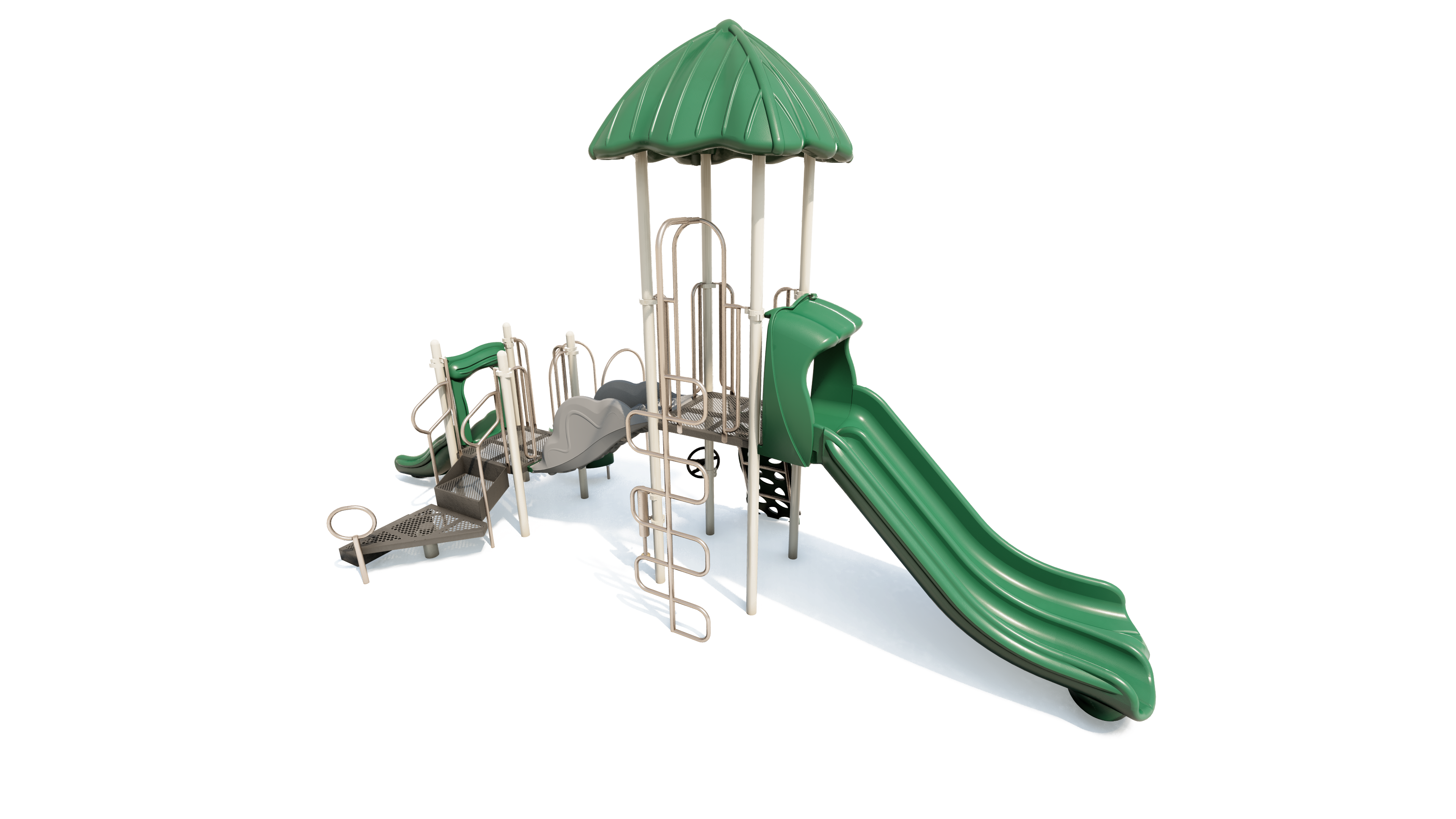 Green and beige playground structure with double slides, climbing ladder, steps, and a leaf-shaped roof